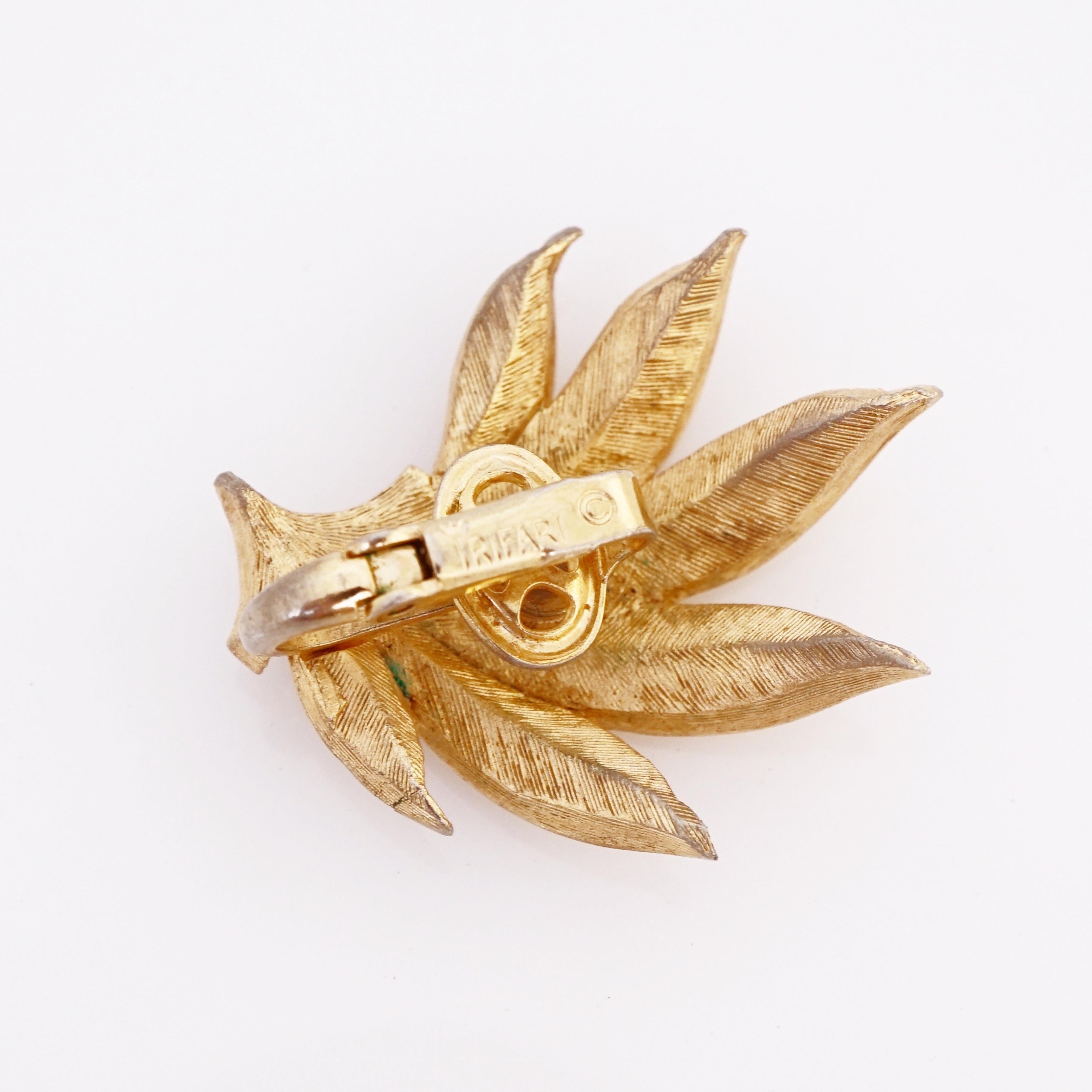 Modern Brushed Gold Leaf Spray Earrings By Crown Trifari, 1960s