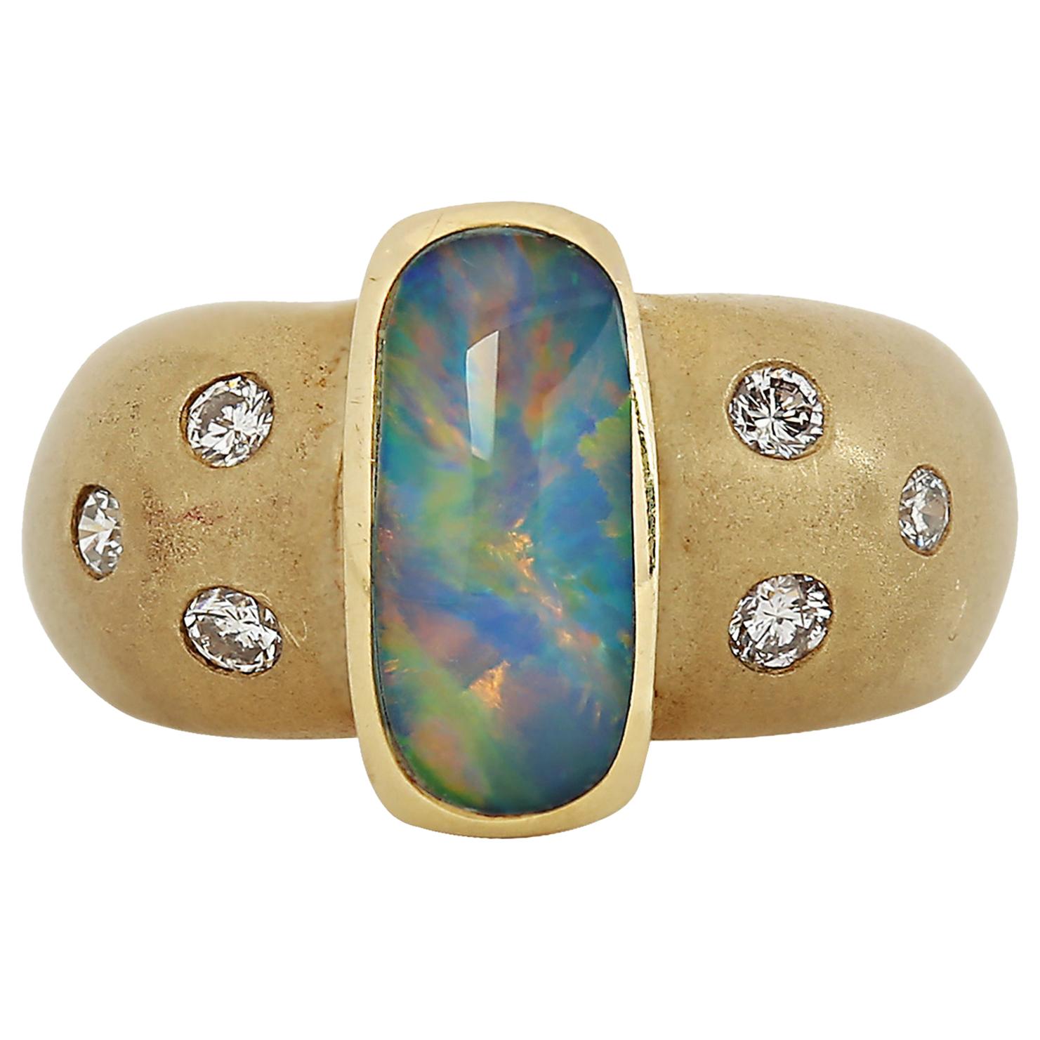 Brushed Gold Opal and Diamond 14 Karat Yellow Gold Ring For Sale