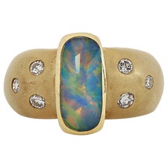 Brushed Gold Opal and Diamond 14 Karat Yellow Gold Ring