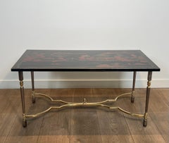 Brushed Metal and Brass Coffee Table with Lacquered Top with Chinese Decor.