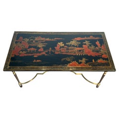 Brushed Metal and Brass Coffee Table with Lacquered Top with Chinese Decor.