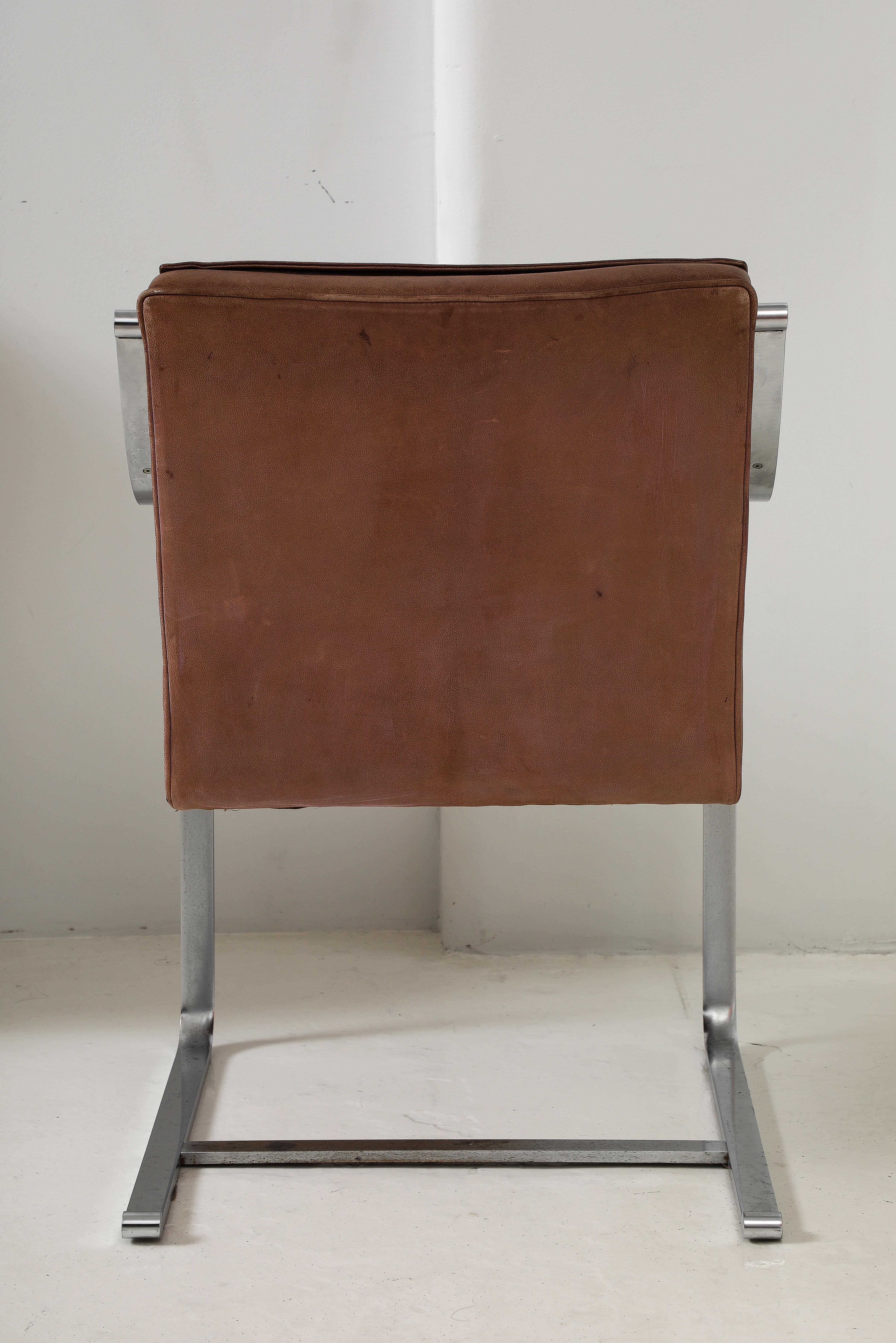 Brushed Metal & Vintage Leather Modernist Desk Chair Armchair, France 1970's 4