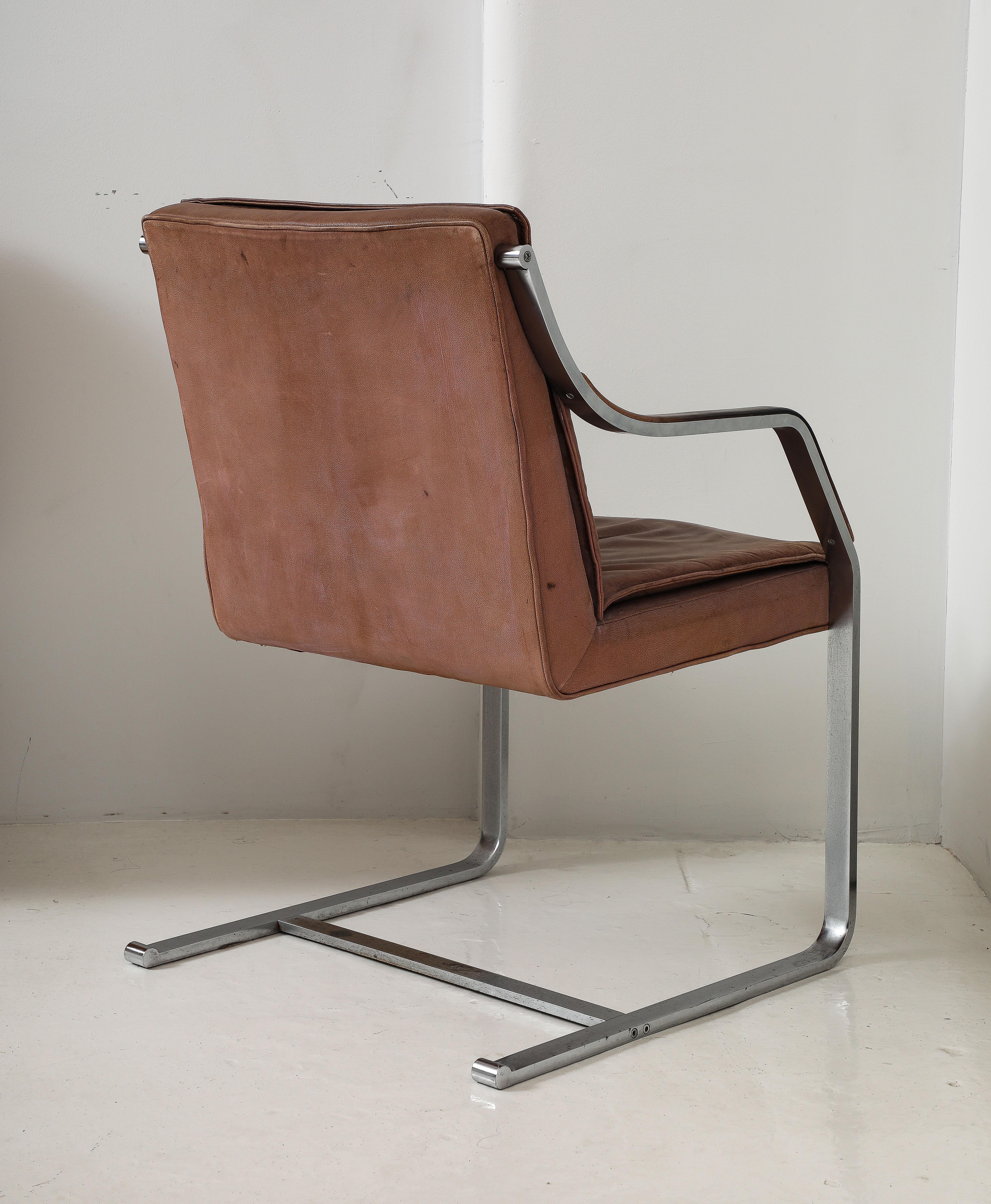 Brushed Metal & Vintage Leather Modernist Desk Chair Armchair, France 1970's 5