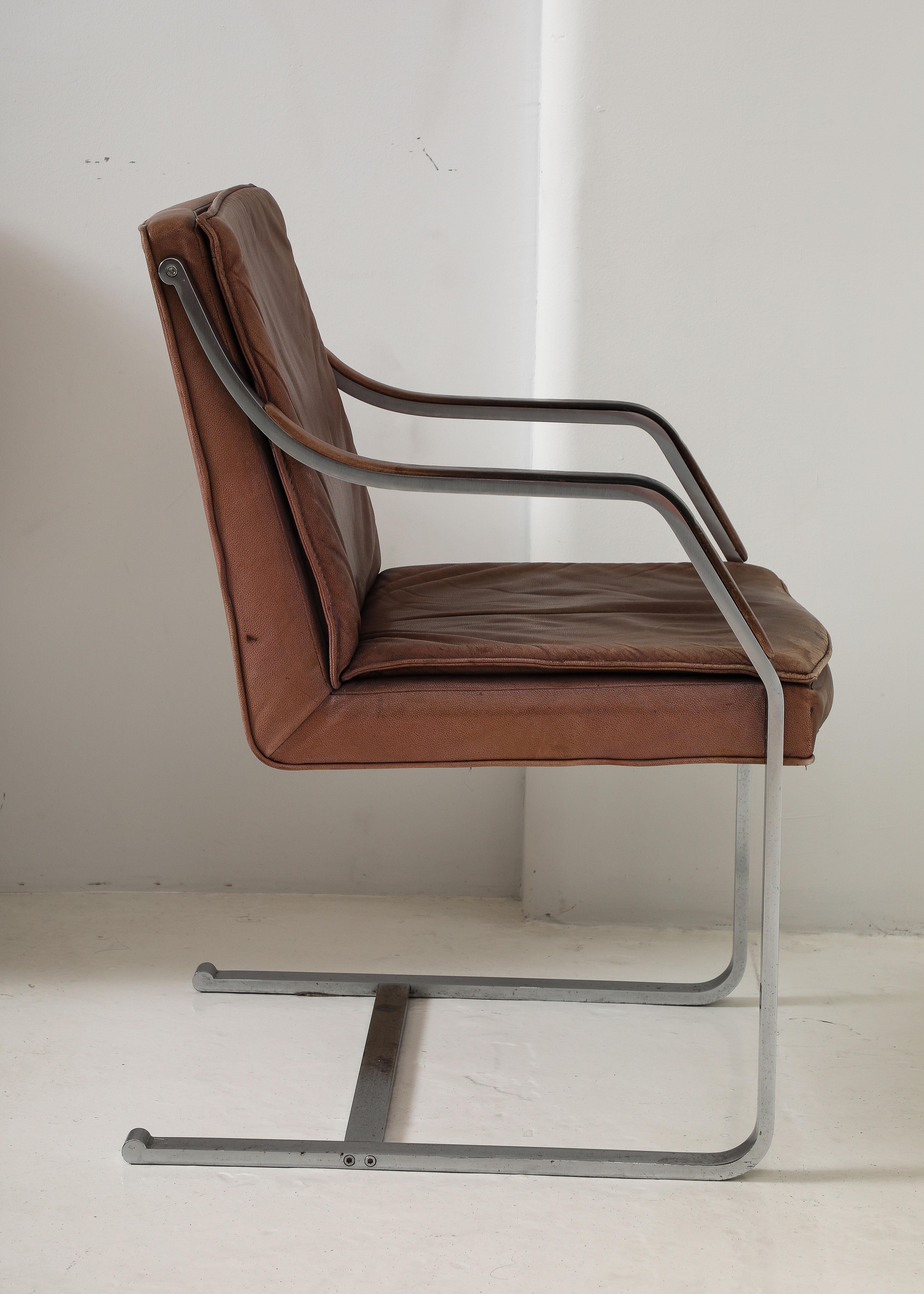 Brushed Metal & Vintage Leather Modernist Desk Chair Armchair, France 1970's 7