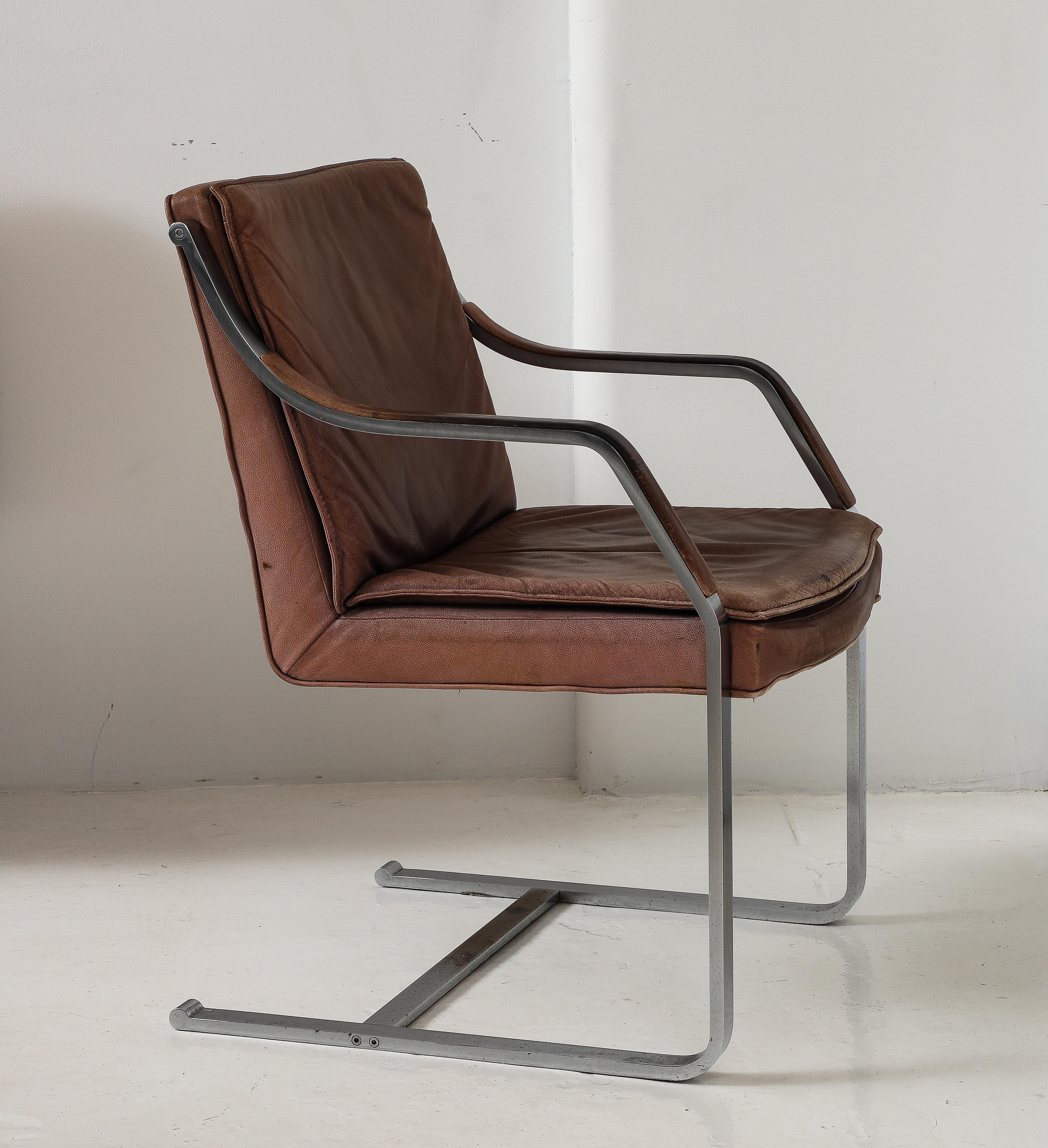 Brushed Metal & Vintage Leather Modernist Desk Chair Armchair, France 1970's 8