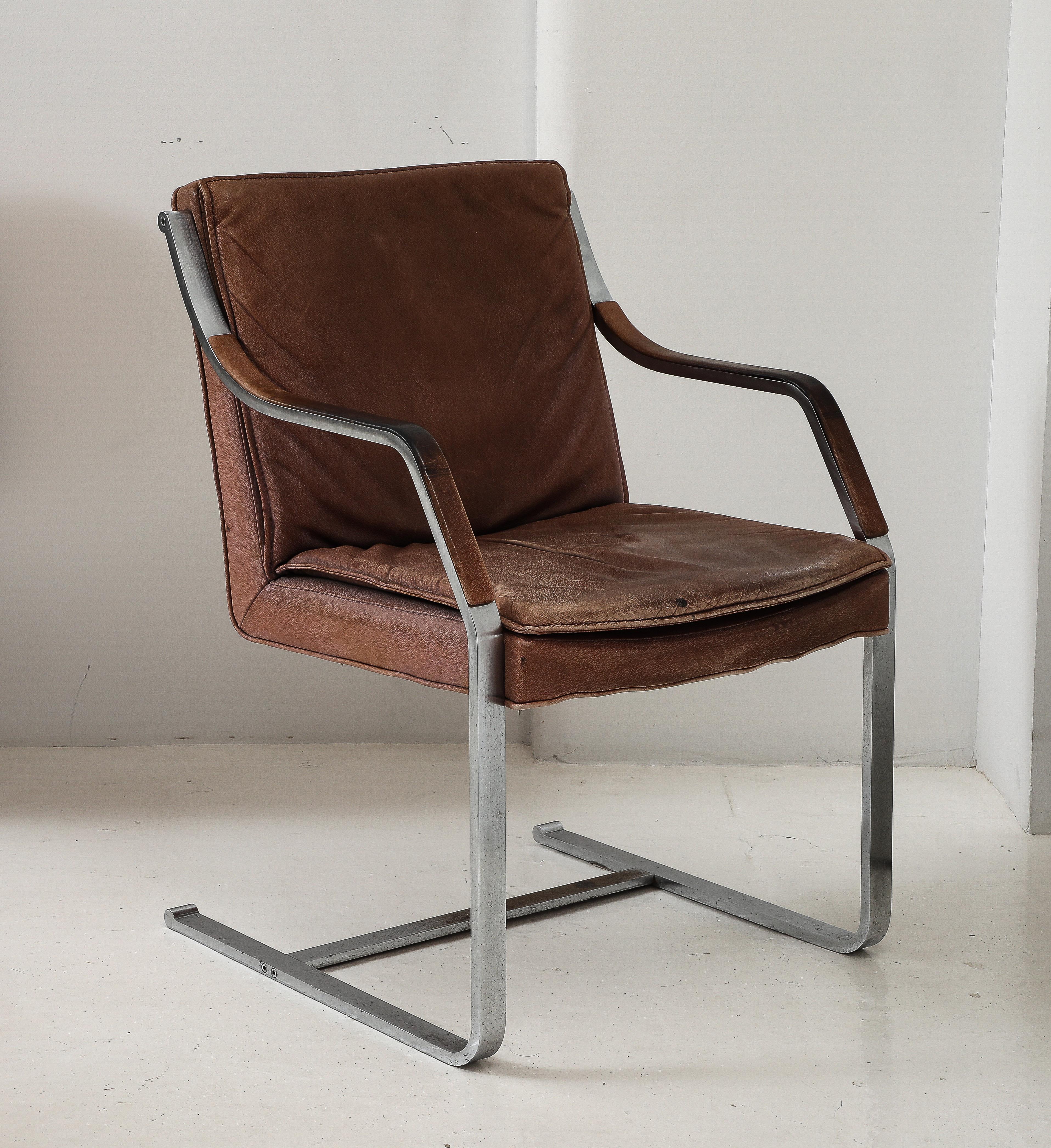 Brushed Metal & Vintage Leather Modernist Desk Chair Armchair, France 1970's 9