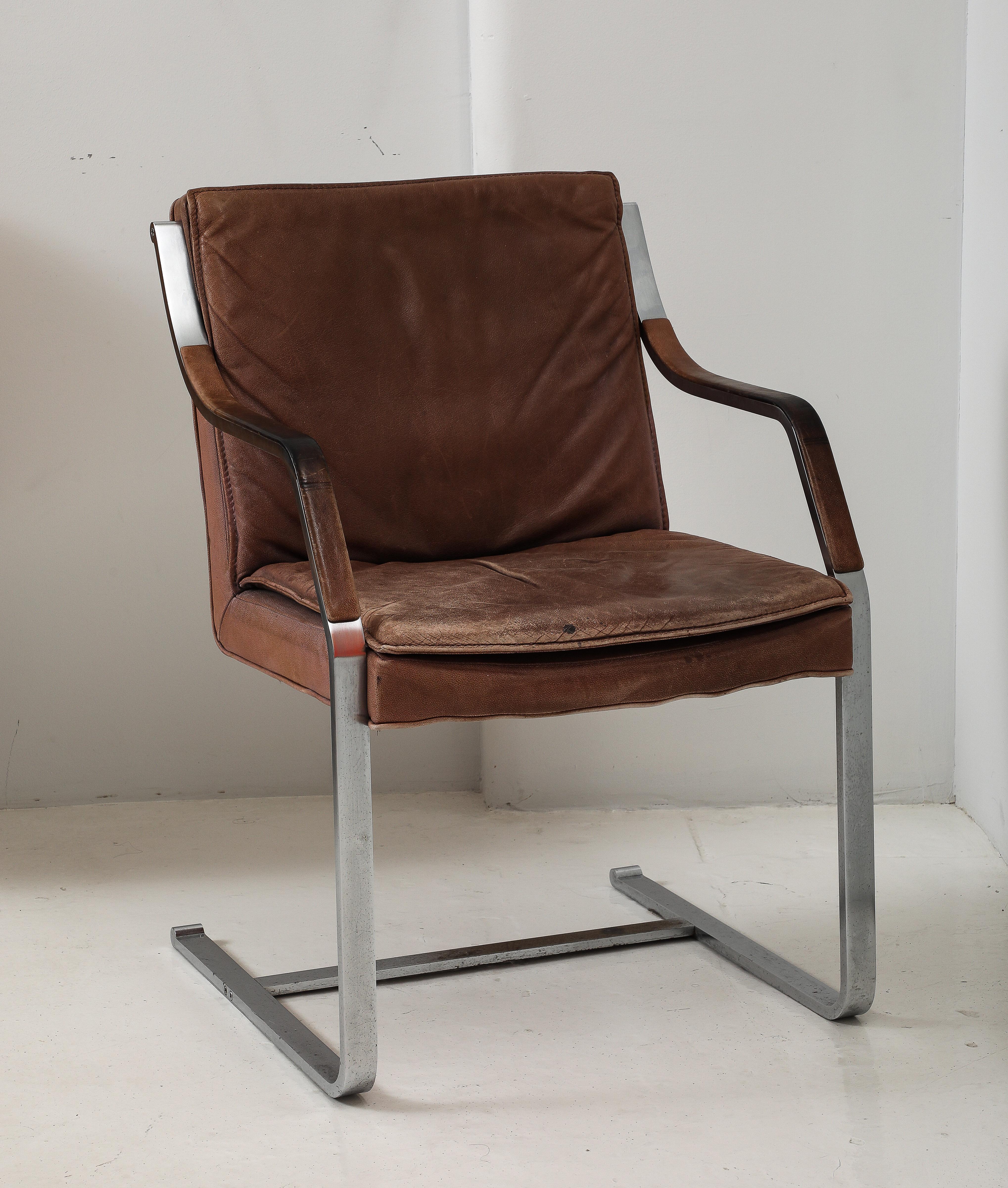 Brushed Metal & Vintage Leather Modernist Desk Chair Armchair, France 1970's 12