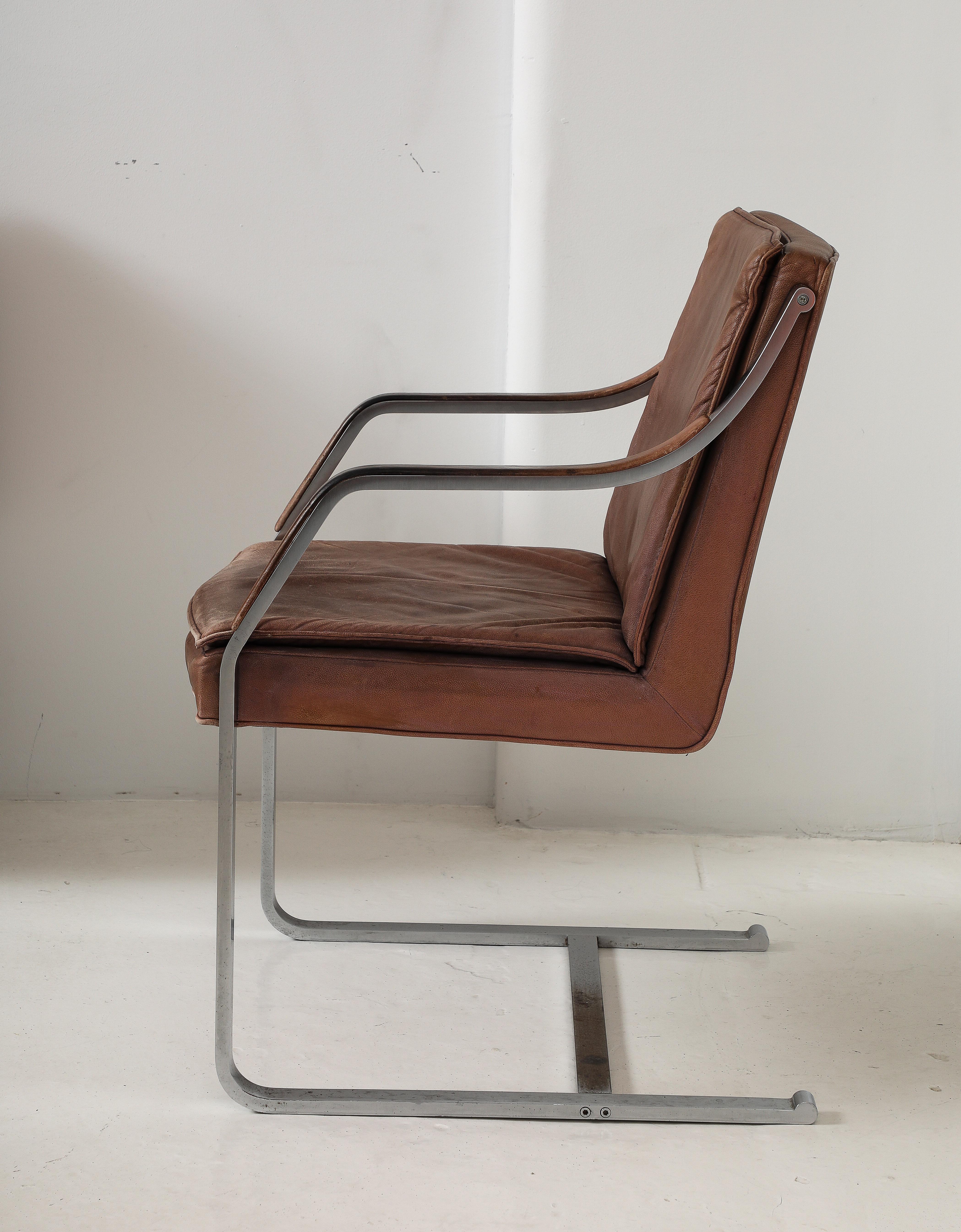 Brushed Metal & Vintage Leather Modernist Desk Chair Armchair, France 1970's In Good Condition In New York, NY