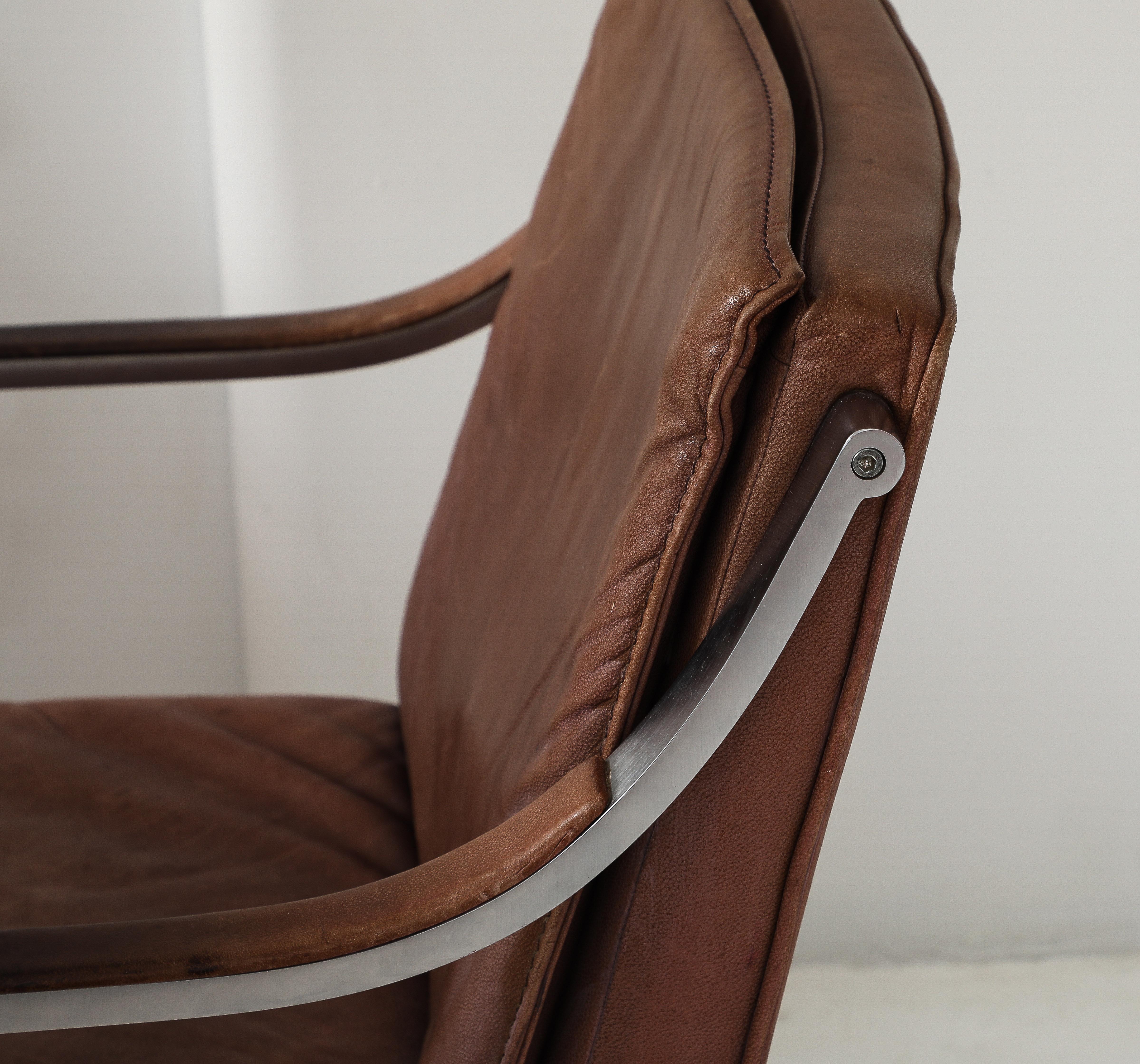 Brushed Metal & Vintage Leather Modernist Desk Chair Armchair, France 1970's 1
