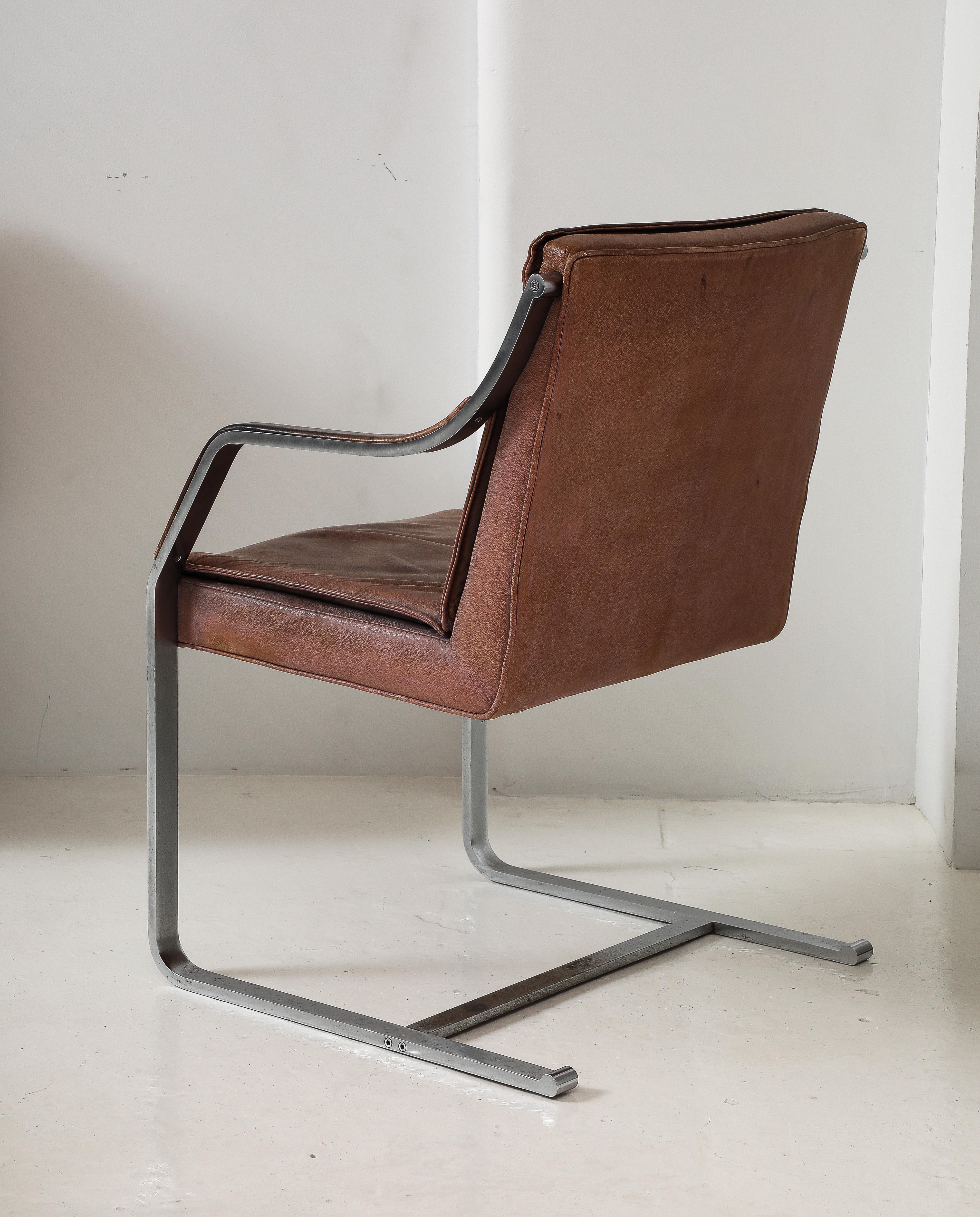 Brushed Metal & Vintage Leather Modernist Desk Chair Armchair, France 1970's 2