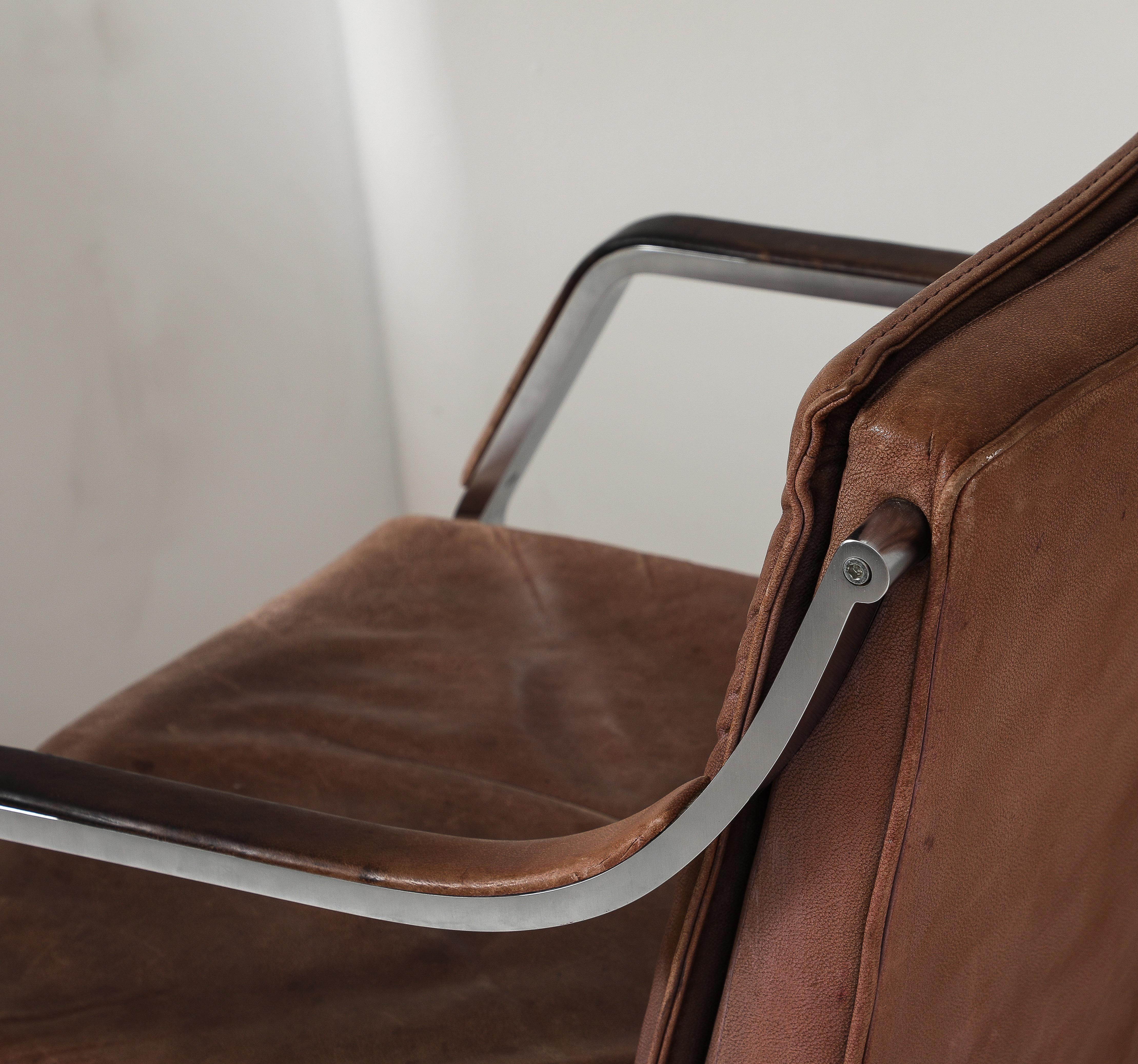 Brushed Metal & Vintage Leather Modernist Desk Chair Armchair, France 1970's 3