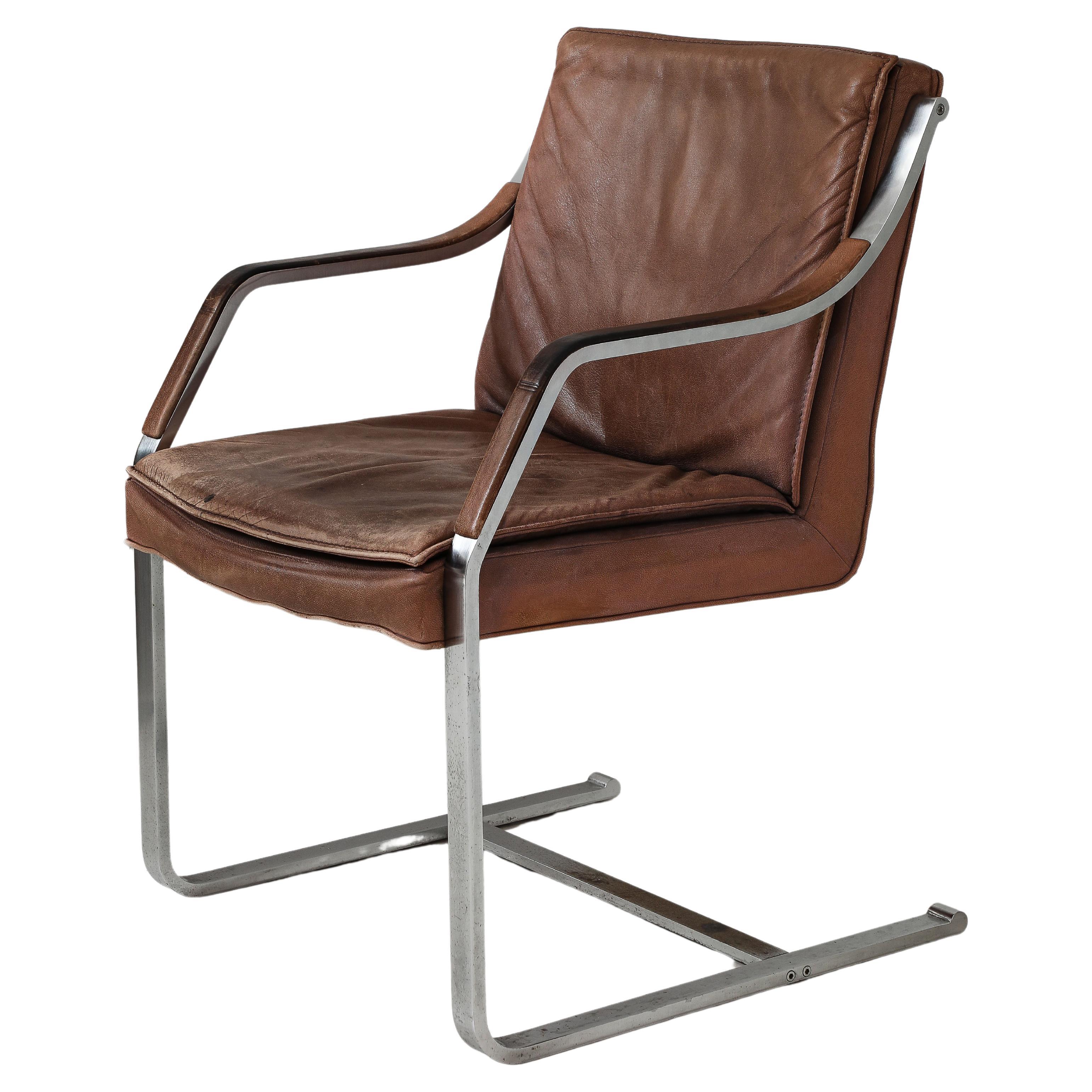 Brushed Metal & Vintage Leather Modernist Desk Chair Armchair, France 1970's