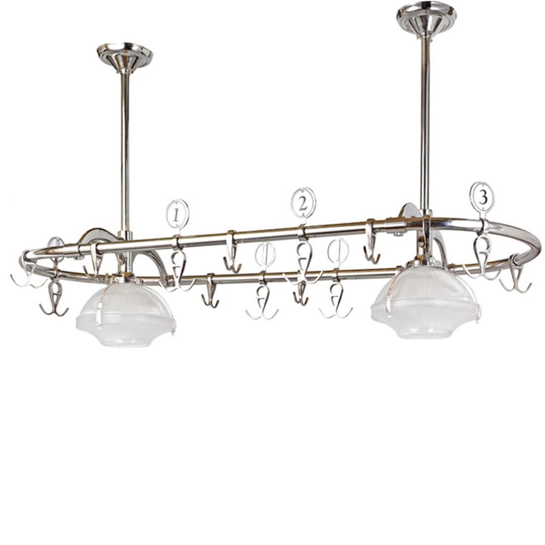 A vintage antiques-style brushed nickel combination pot rack and light fixture. France, circa 1980.

Fetaures enameled numbered hanging hooks; please note that one numbered enamel piece is missing from the hooks.

Originally purchased from