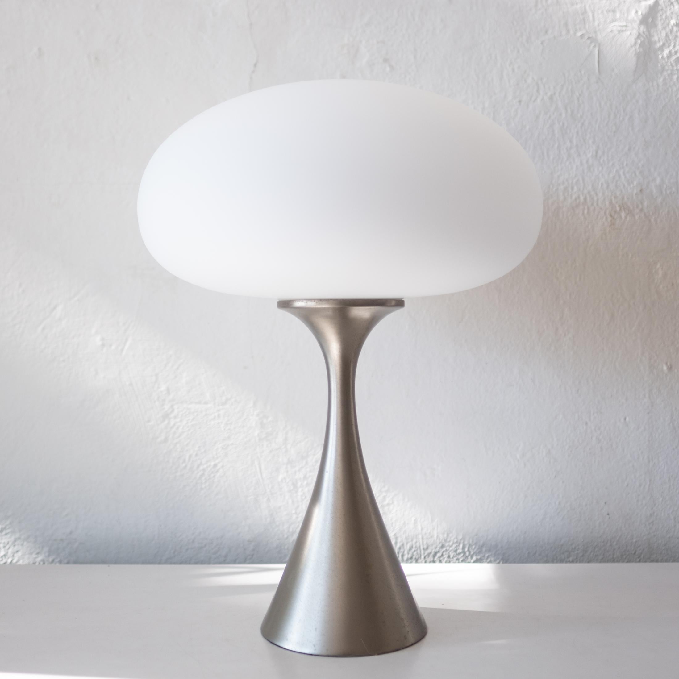 Brushed Nickel Mushroom Table Lamp By Laurel Co. A 1960s classic with hand blown frosted glass shade. Works as it should. 1960s, USA 