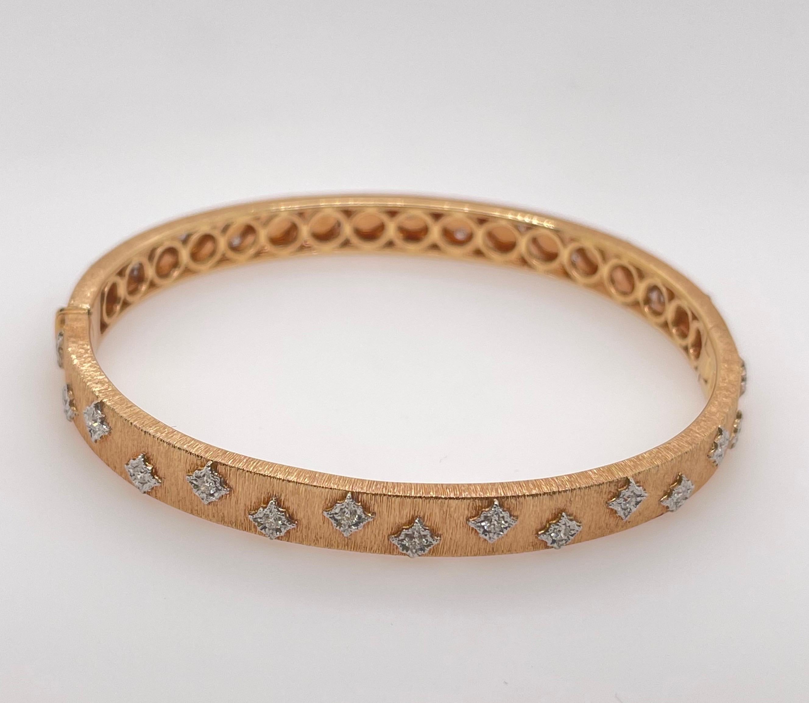 Brushed Rose Gold & Diamond Bangle 
30 round brilliant diamonds= .48ct 
18kt rose gold
