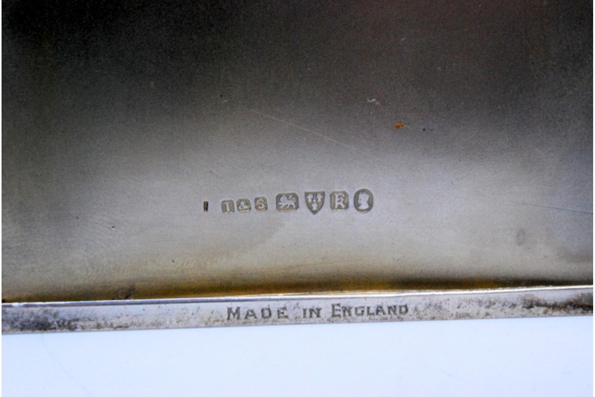 European Brushed silver case with holder, monogram and hinged lid For Sale