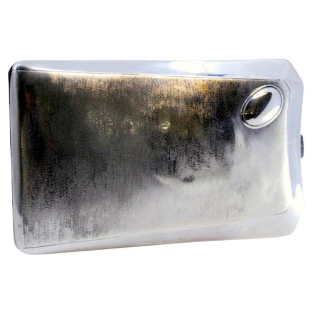 Brushed silver cigarette case with monogram card and hinged lid