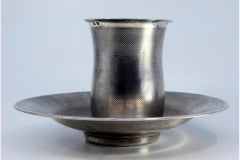 Brushed silver plate and cup with monogram card