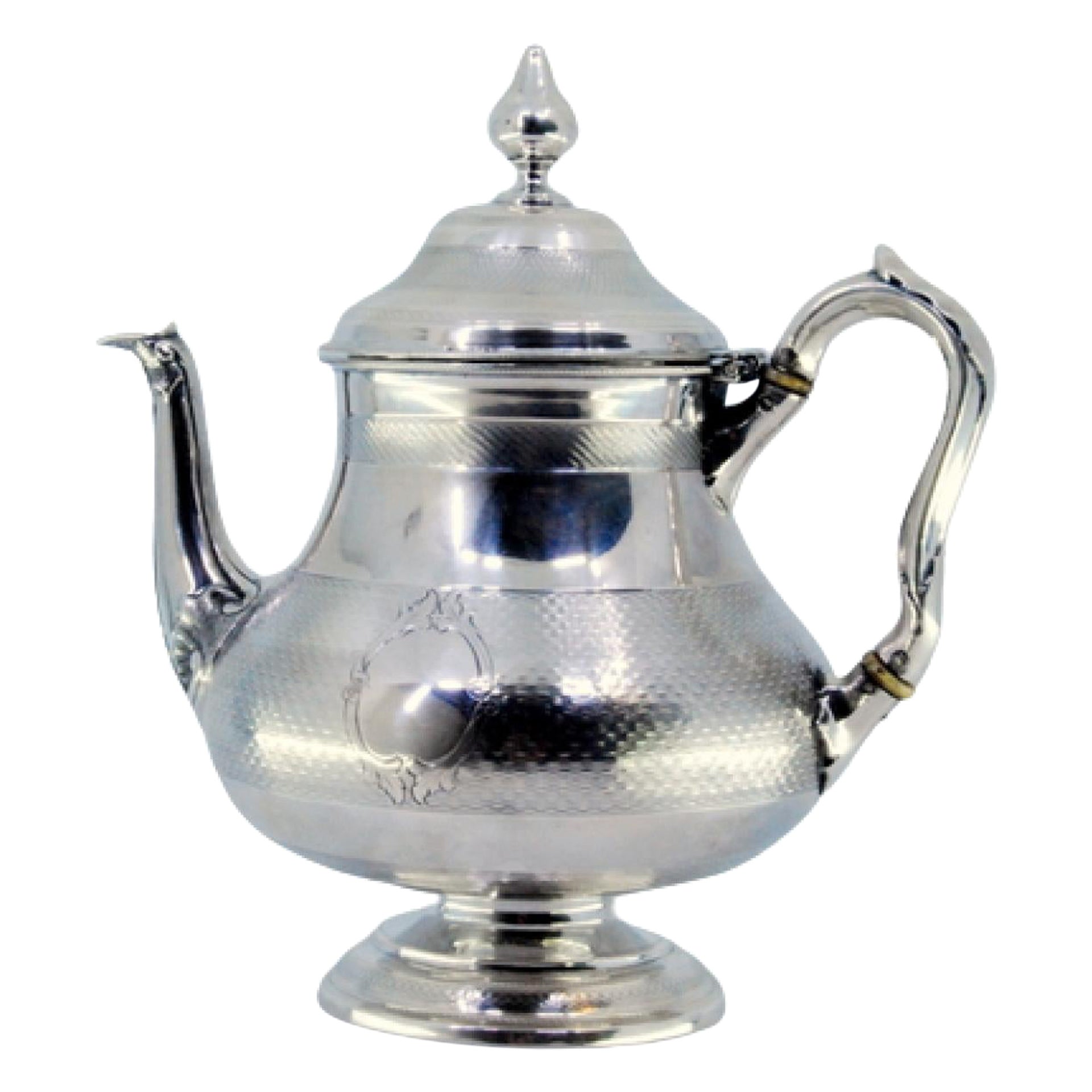 Brushed silver teapot with smooth trim on the surround and knob on the lid For Sale