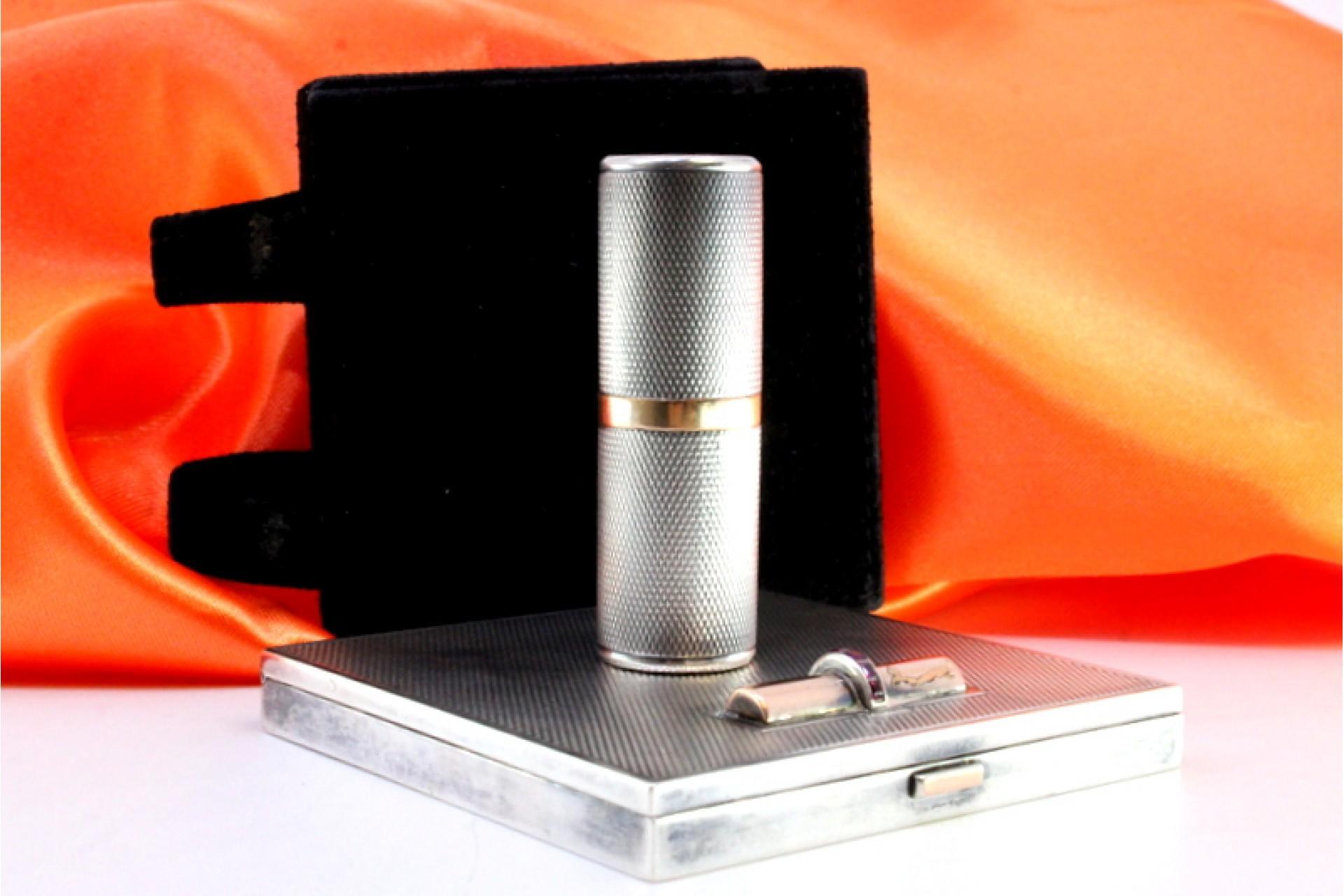 European Brushed silver toiletry box with gold rubies, mirror and case For Sale