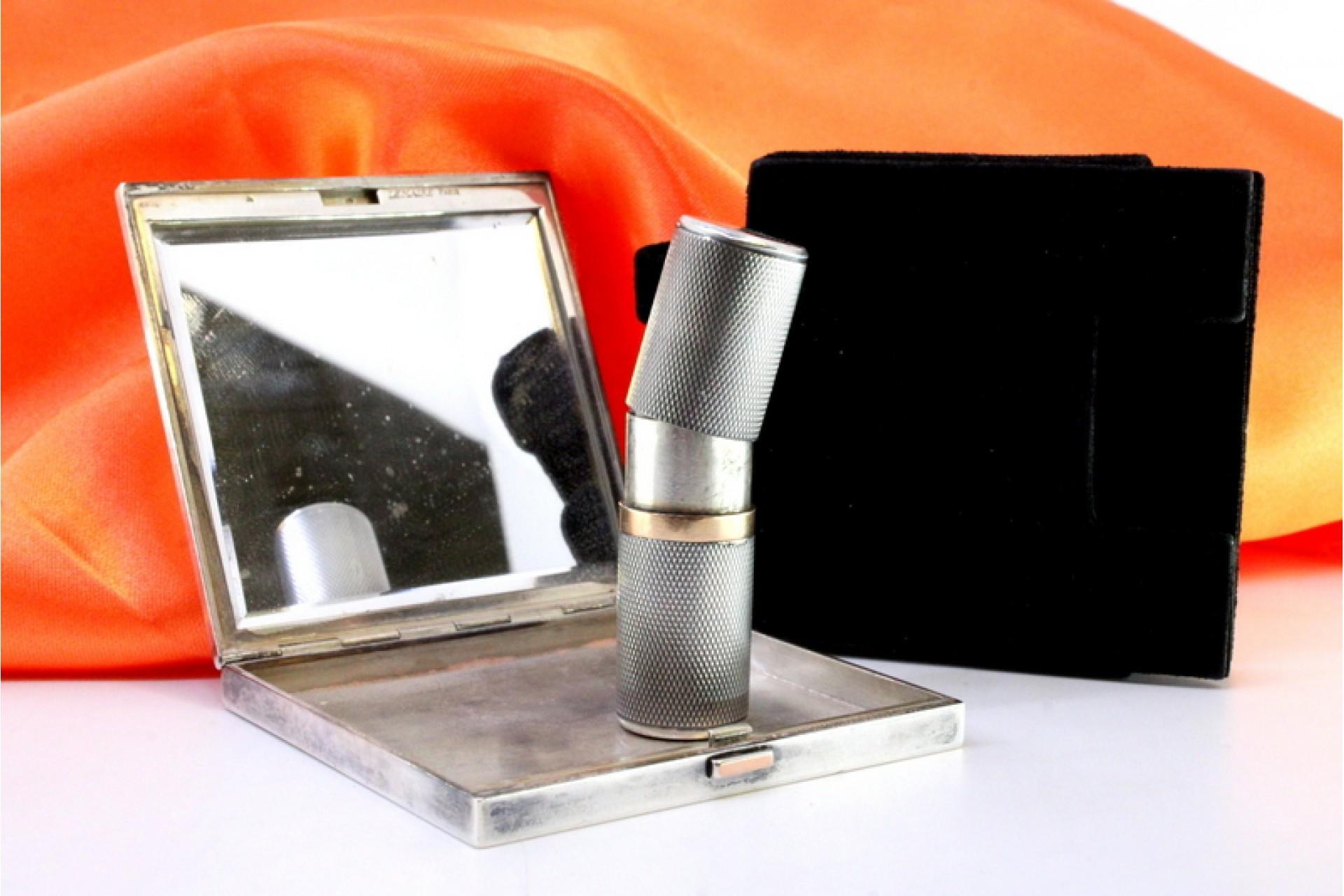 19th Century Brushed silver toiletry box with gold rubies, mirror and case For Sale