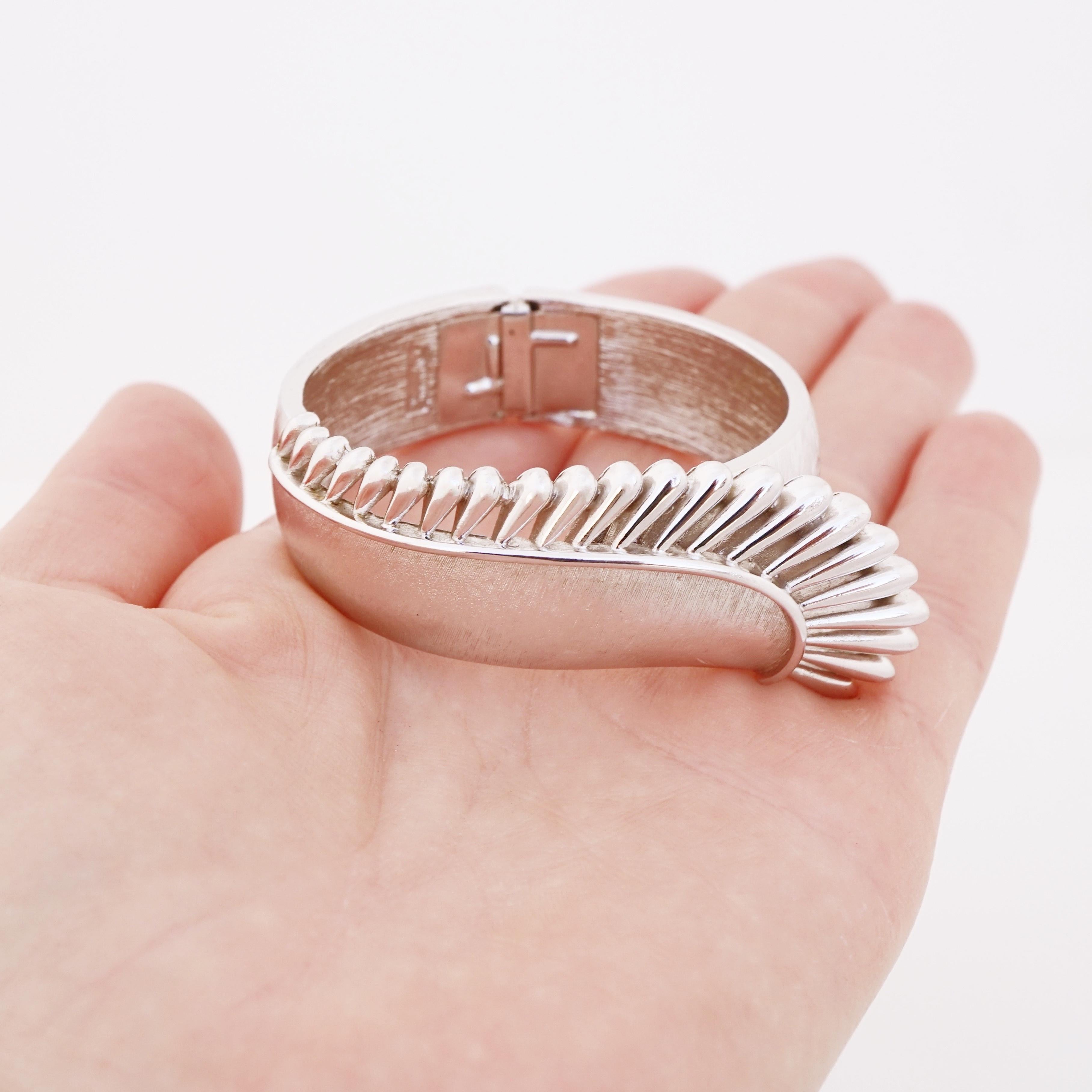 Modern Brushed Silver Winged Hinged Bangle Bracelet By Crown Trifari, 1960s
