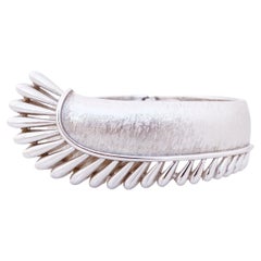 Vintage Brushed Silver Winged Hinged Bangle Bracelet By Crown Trifari, 1960s