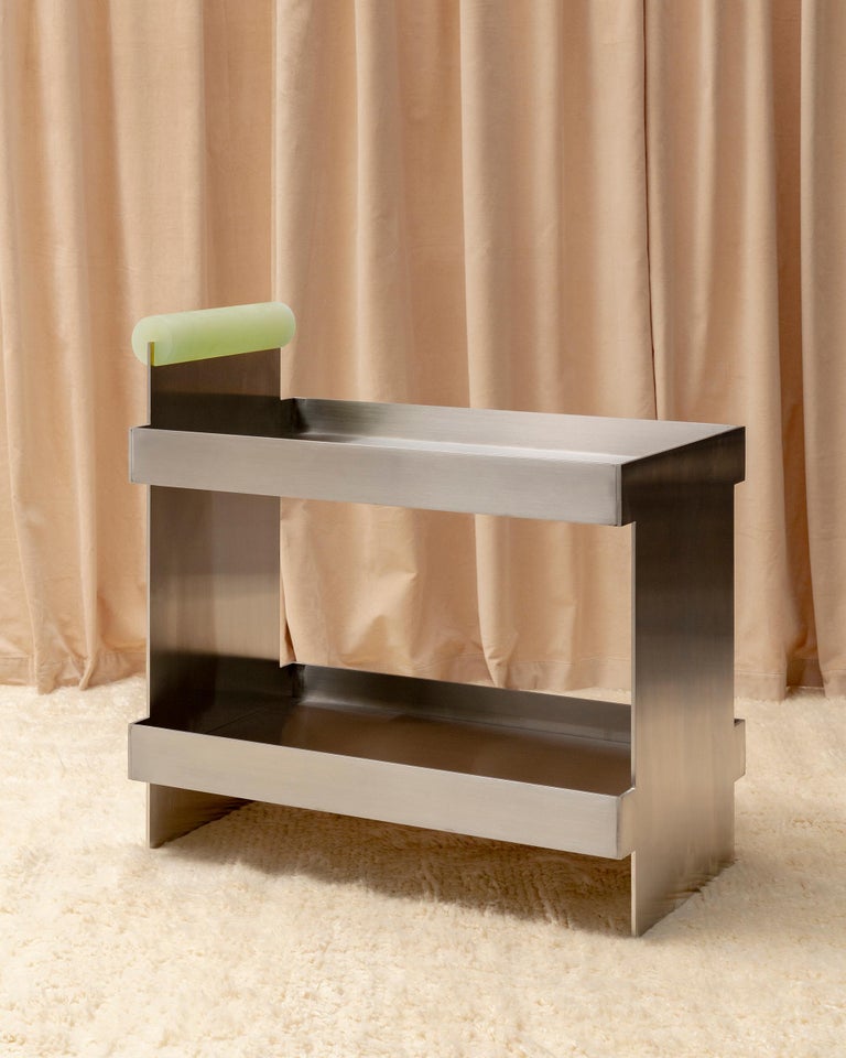 American Brushed Stainless Steel Bar Cart by Studio Anansi w/ Resin Handle, Customizable For Sale