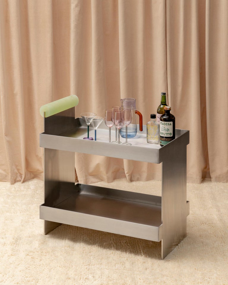 Brushed Stainless Steel Bar Cart by Studio Anansi w/ Resin Handle, Customizable In New Condition For Sale In Brooklyn, NY