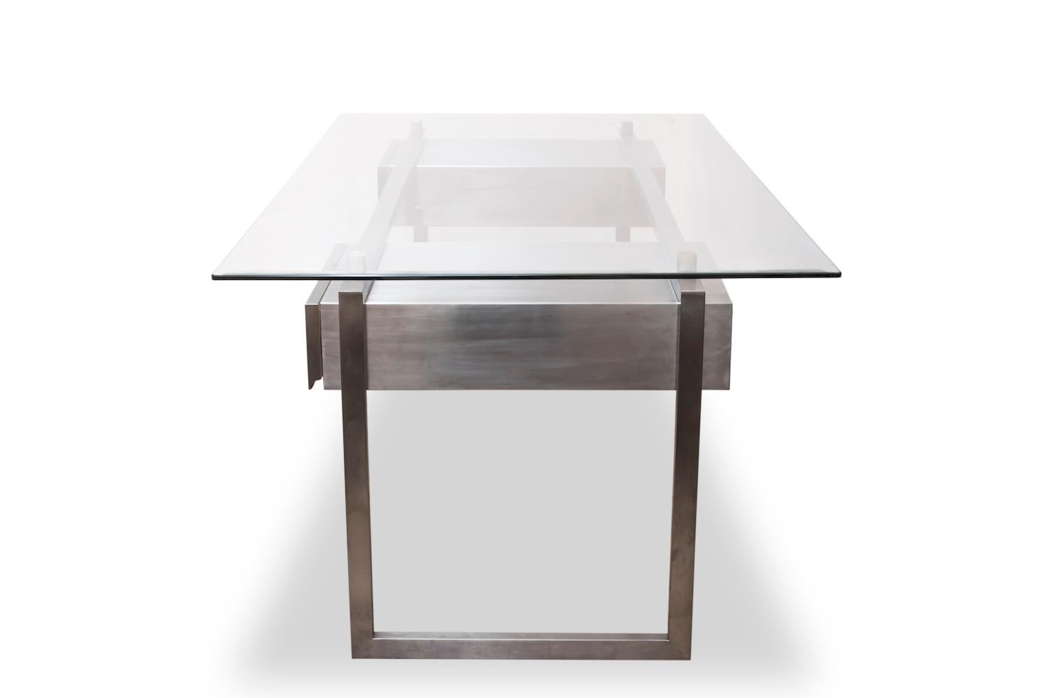Brushed Stainless Steel President Desk Glass Top, Patrice Maffei, circa 1970 In Good Condition In Saint-Ouen, FR