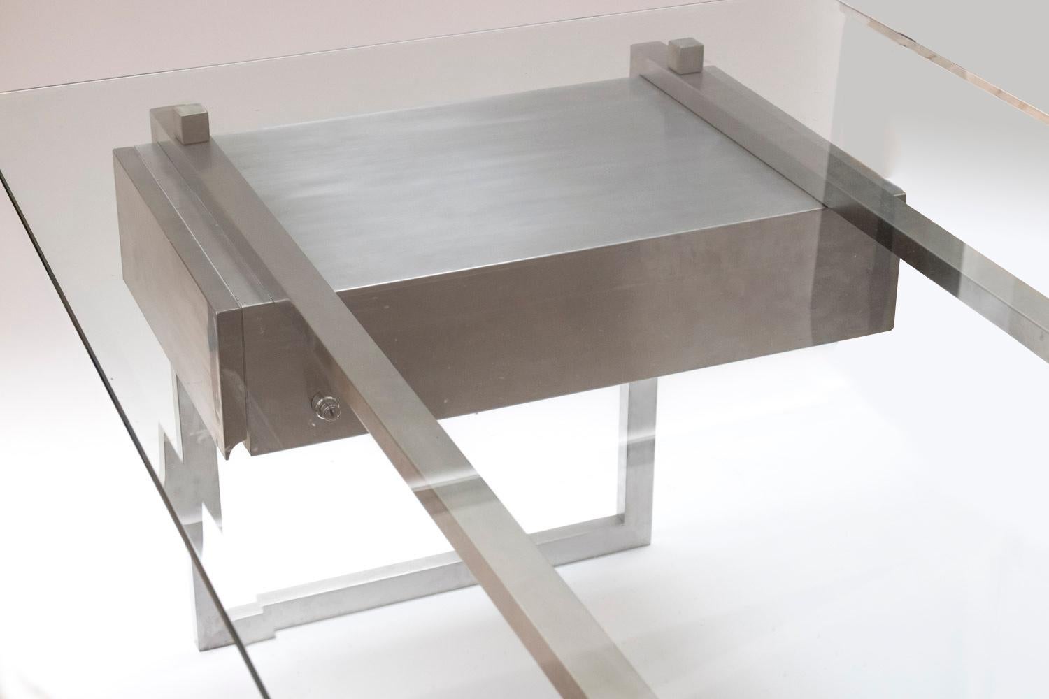 Late 20th Century Brushed Stainless Steel President Desk Glass Top, Patrice Maffei, circa 1970