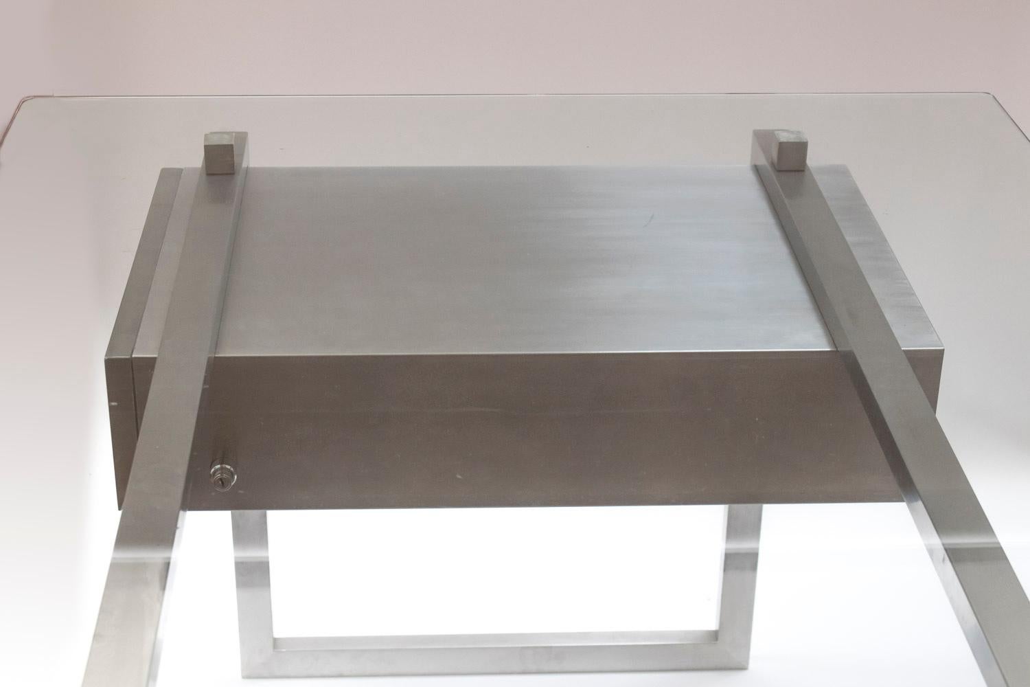 Brushed Stainless Steel President Desk Glass Top, Patrice Maffei, circa 1970 1