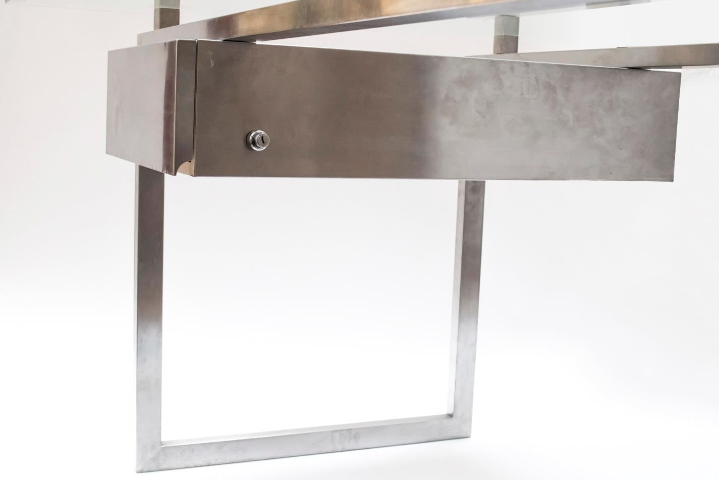 Brushed Stainless Steel President Desk Glass Top, Patrice Maffei, circa 1970 3