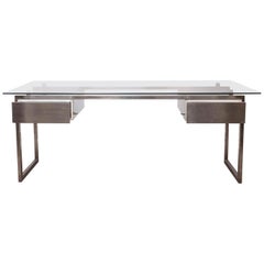 Brushed Stainless Steel President Desk Glass Top, Patrice Maffei, circa 1970