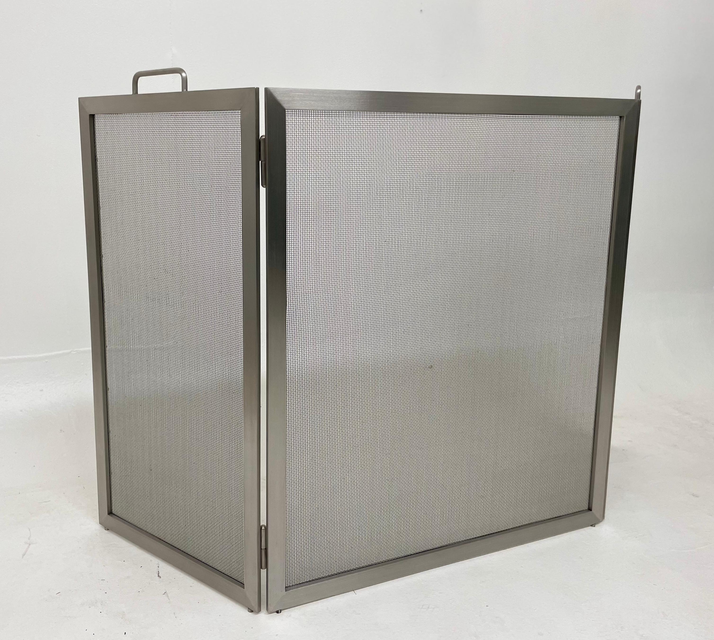 American Brushed Stainless Tri-Fold Fireplace Screen For Sale