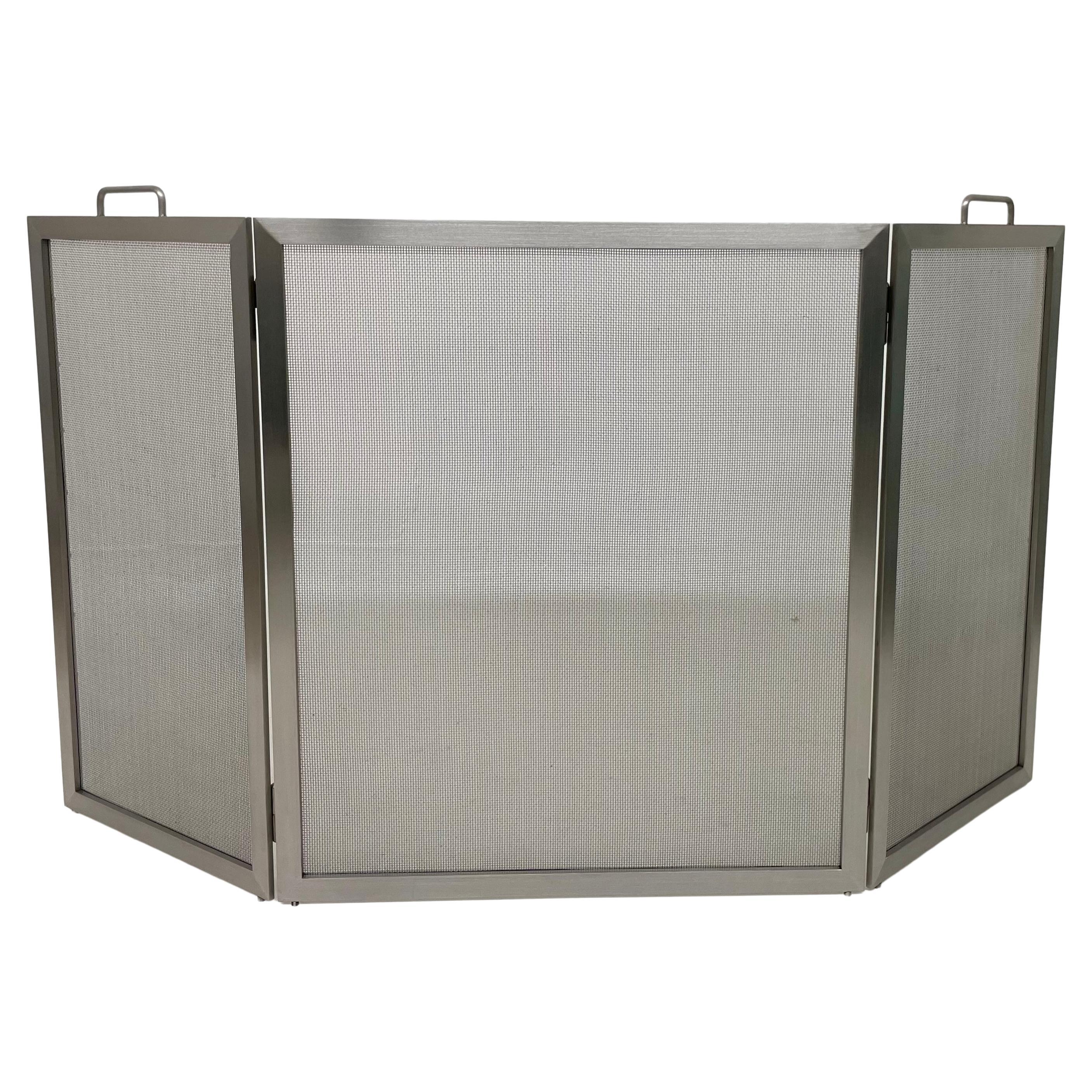 Brushed Stainless Tri-Fold Fireplace Screen For Sale