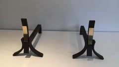 Brushed Steel and Brass Andirons, circa 1950