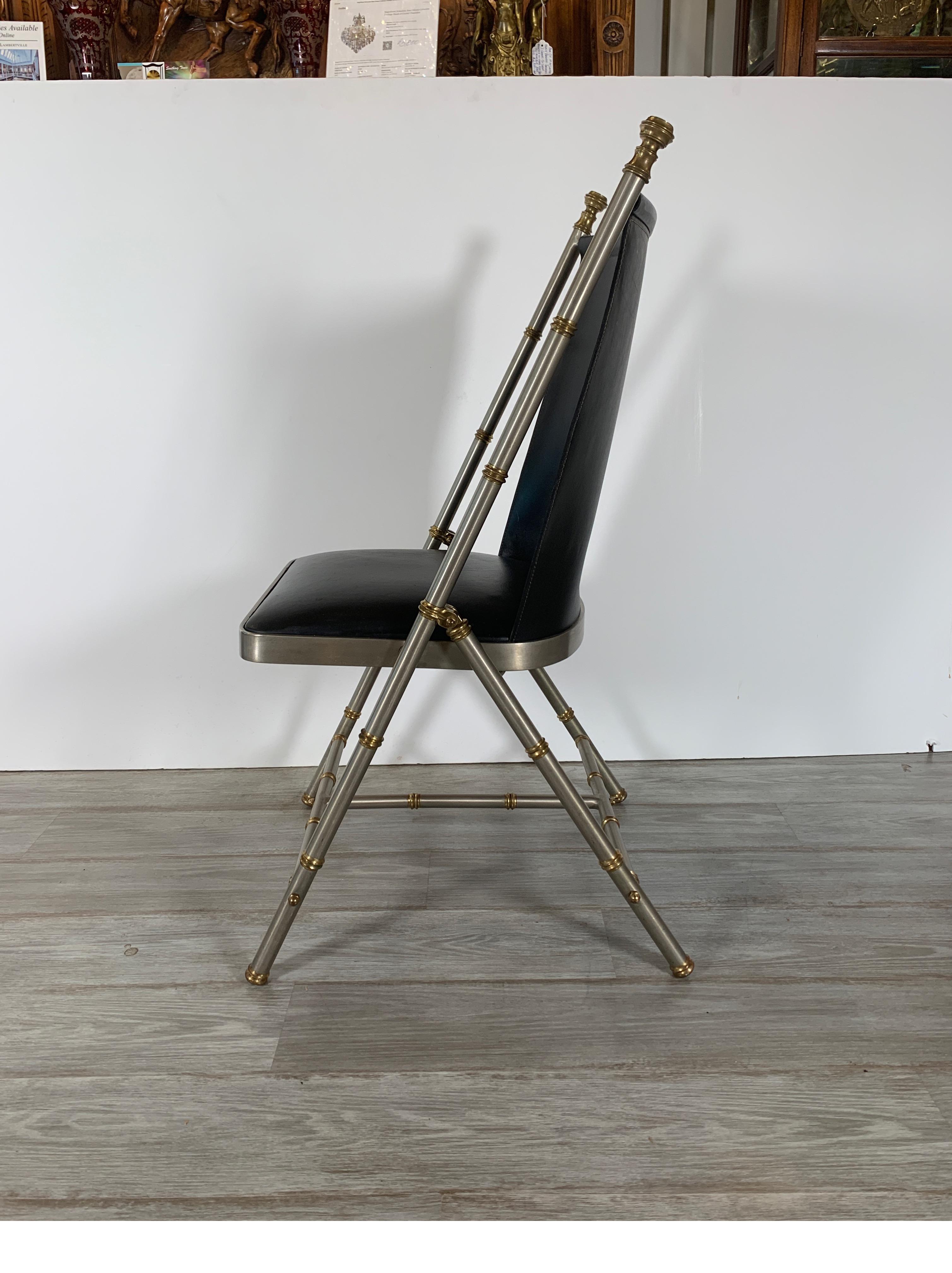 European Brushed Steel and Brass Campaign Style Chair with Leather