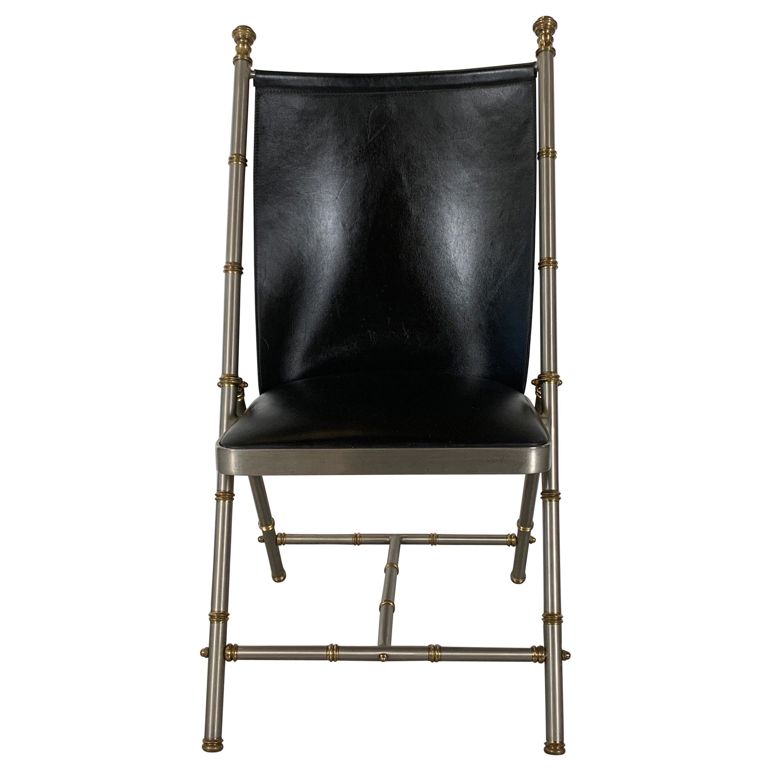 Brushed Steel and Brass Campaign Style Chair with Leather