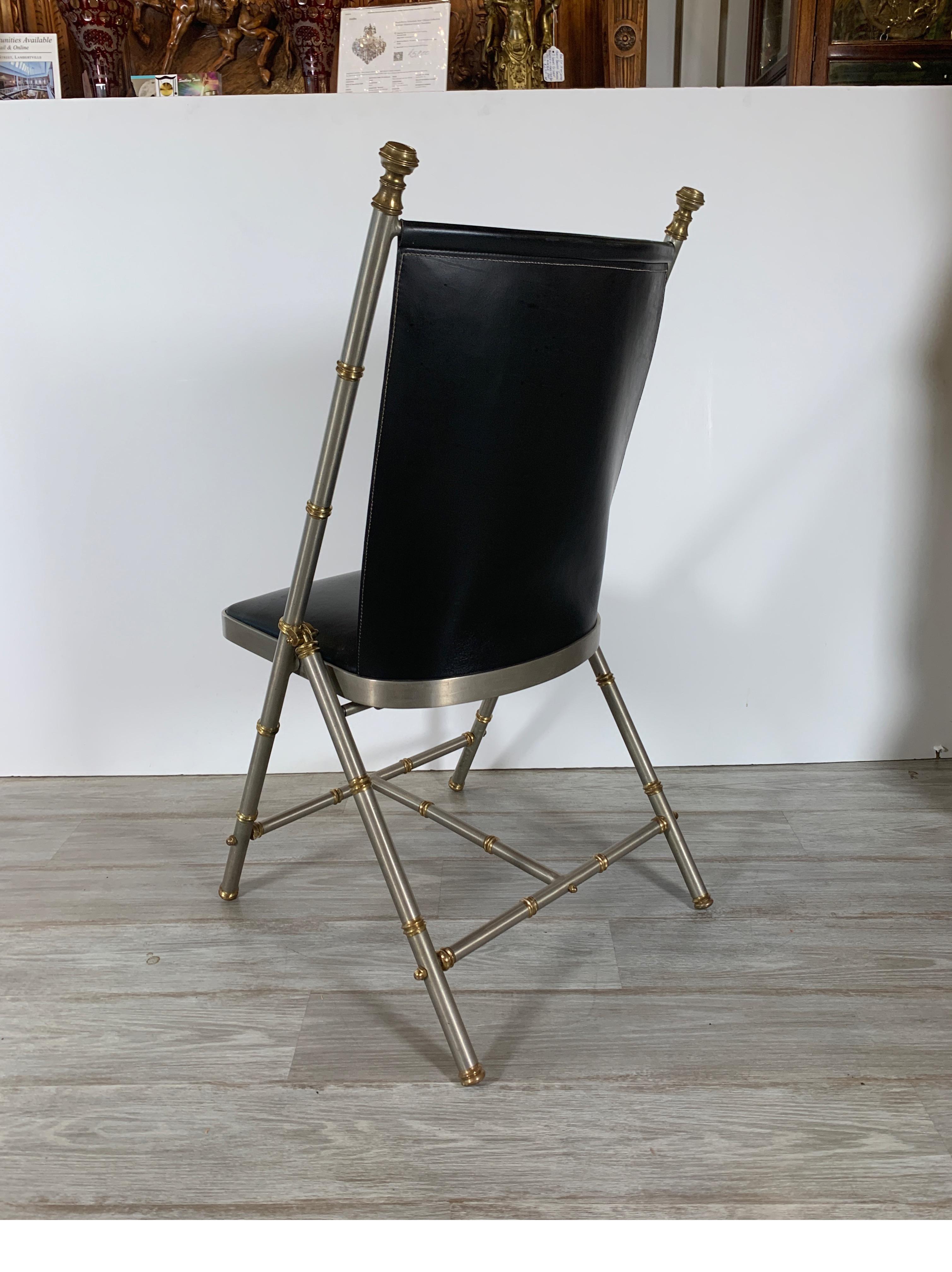 Brushed Steel and Brass Campaign Style Chair with Leather In Good Condition In Lambertville, NJ