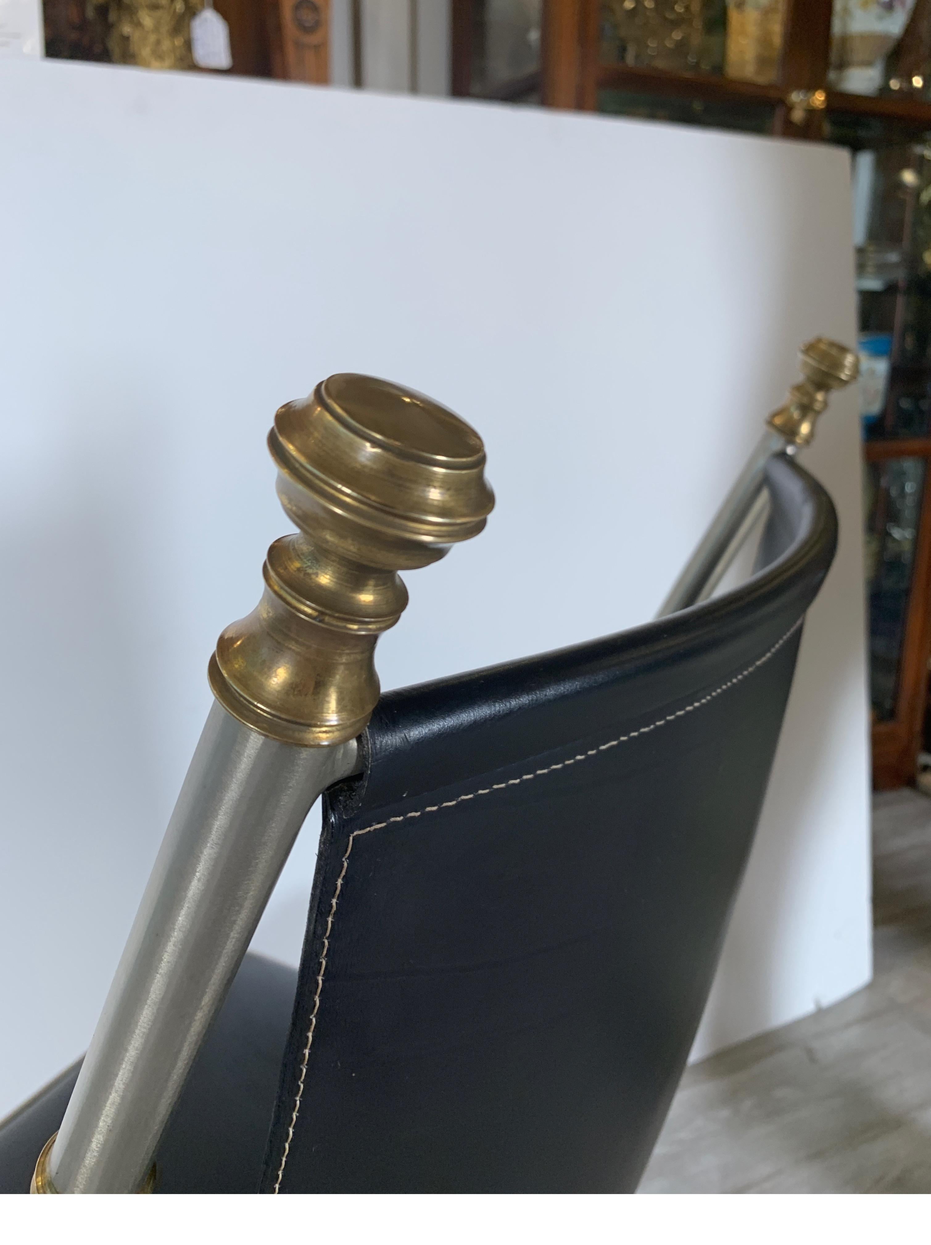 20th Century Brushed Steel and Brass Campaign Style Chair with Leather