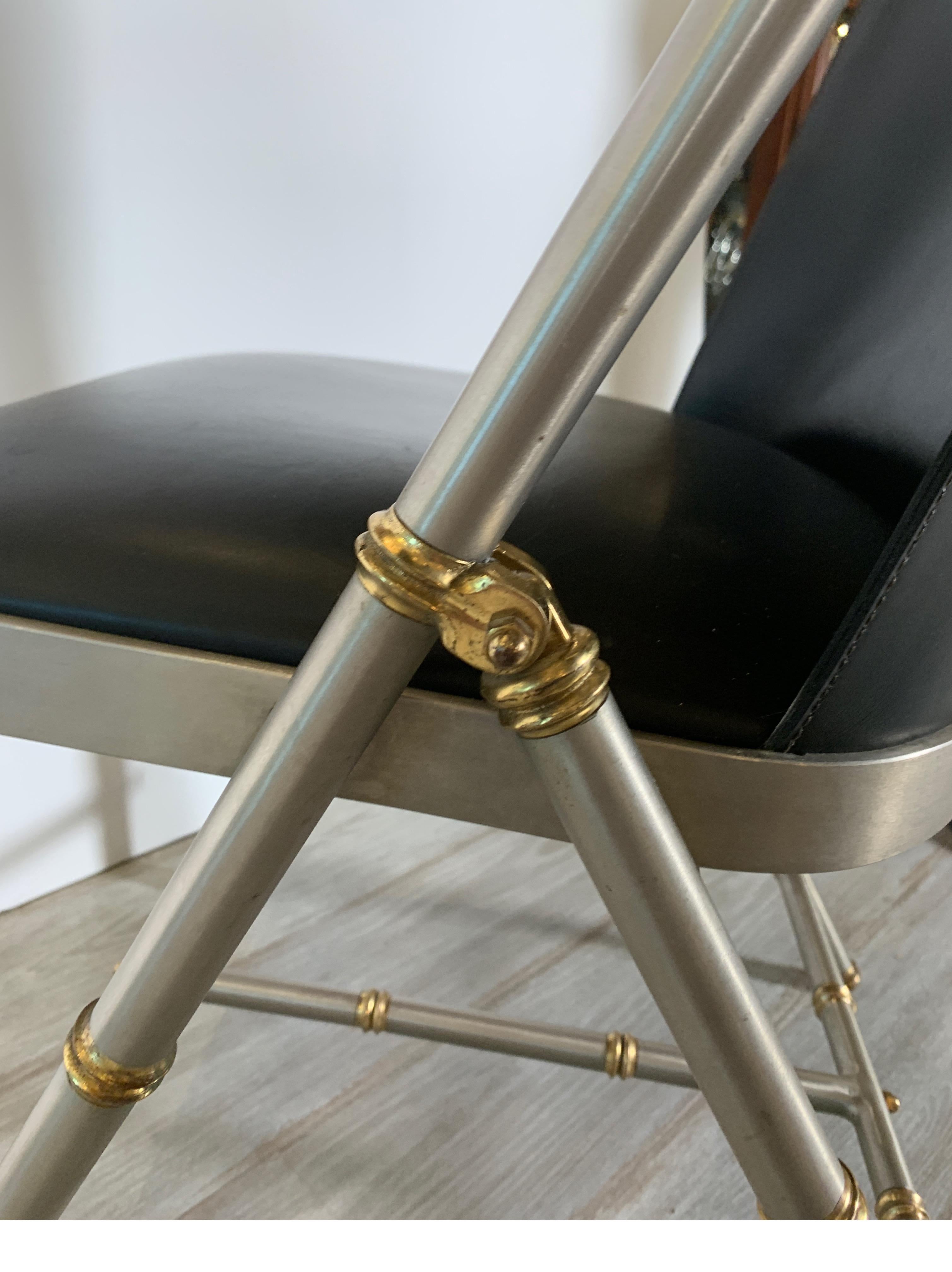 Brushed Steel and Brass Campaign Style Chair with Leather 1