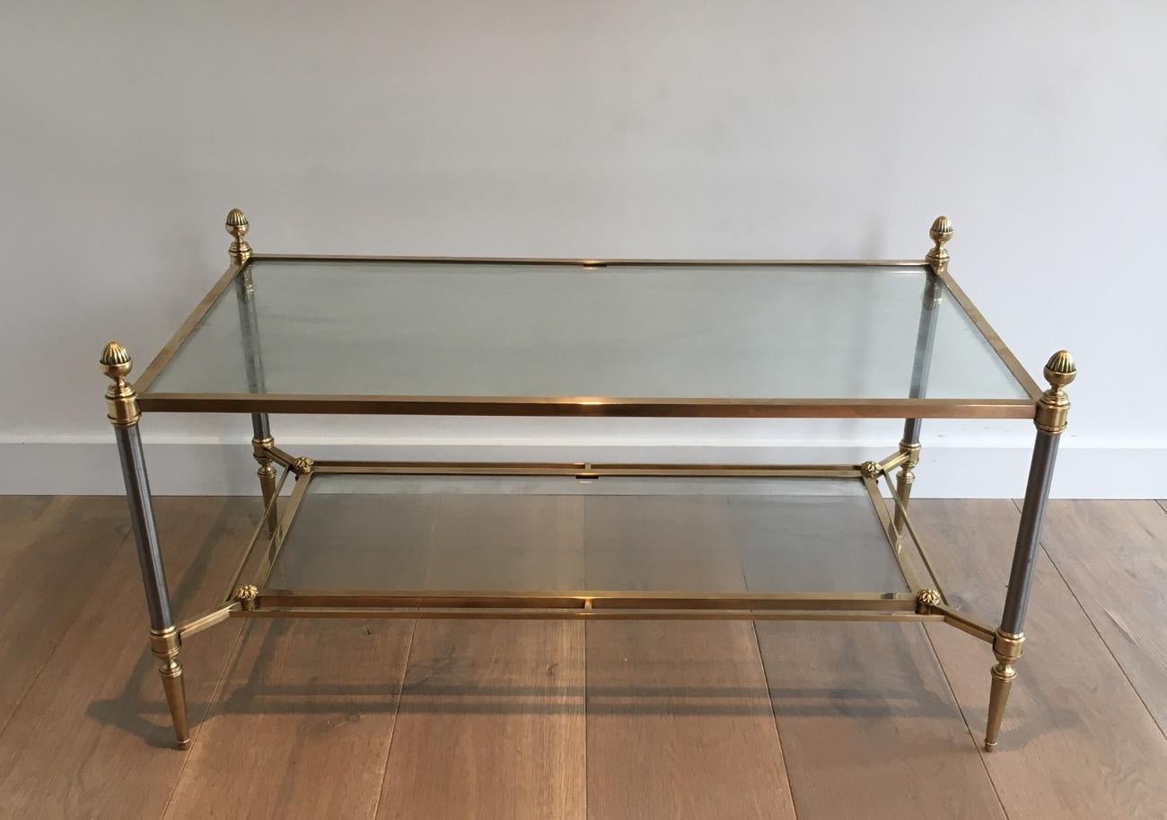 Neoclassical Brushed Steel and Brass Coffee Table by Maison Jansen For Sale