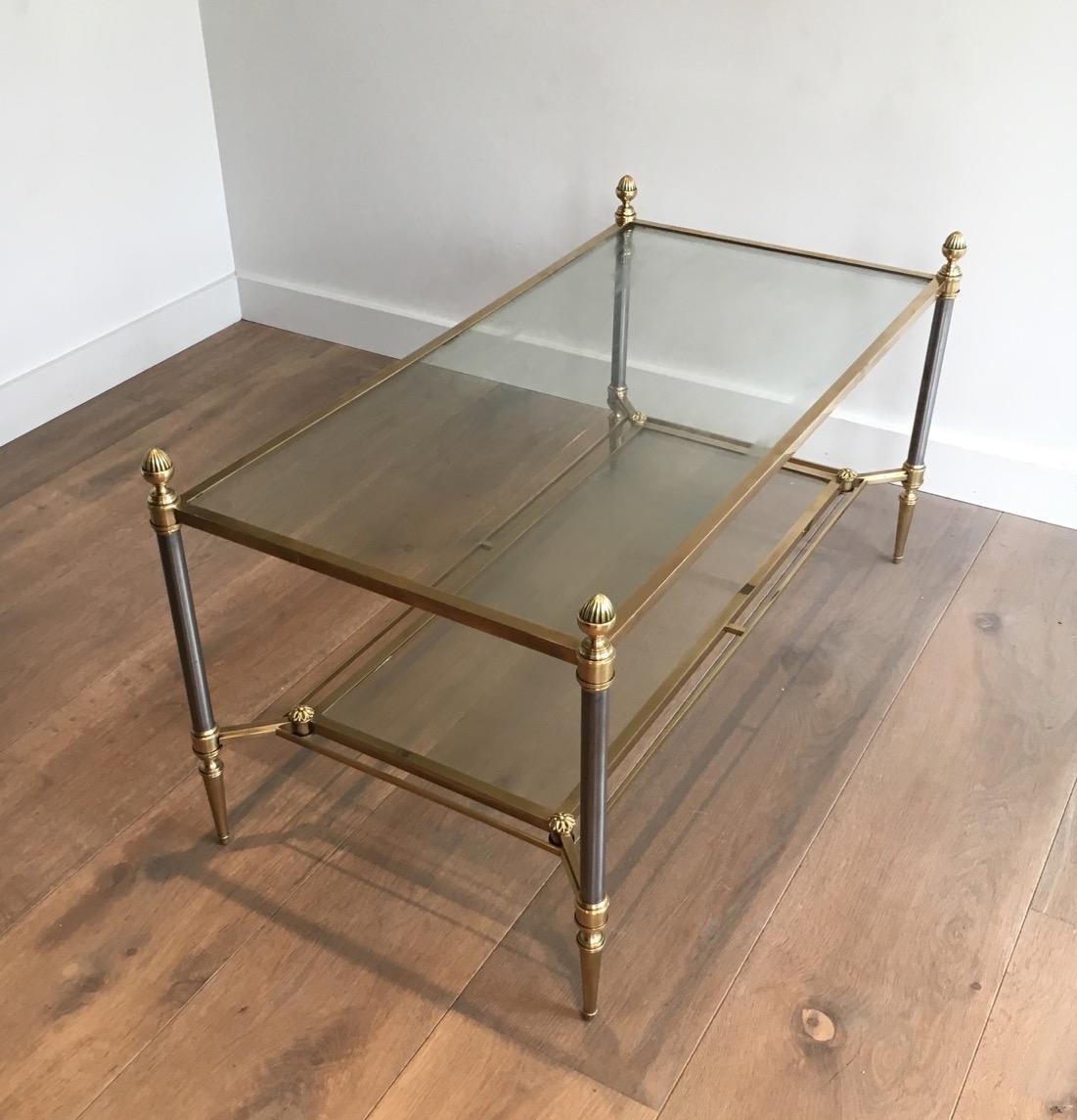 French Brushed Steel and Brass Coffee Table by Maison Jansen For Sale
