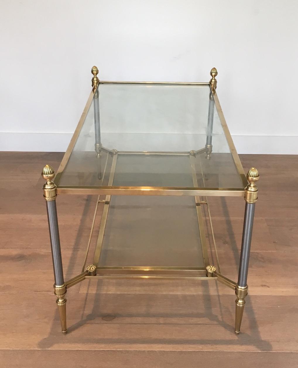 Brushed Steel and Brass Coffee Table by Maison Jansen In Good Condition For Sale In Marcq-en-Barœul, Hauts-de-France