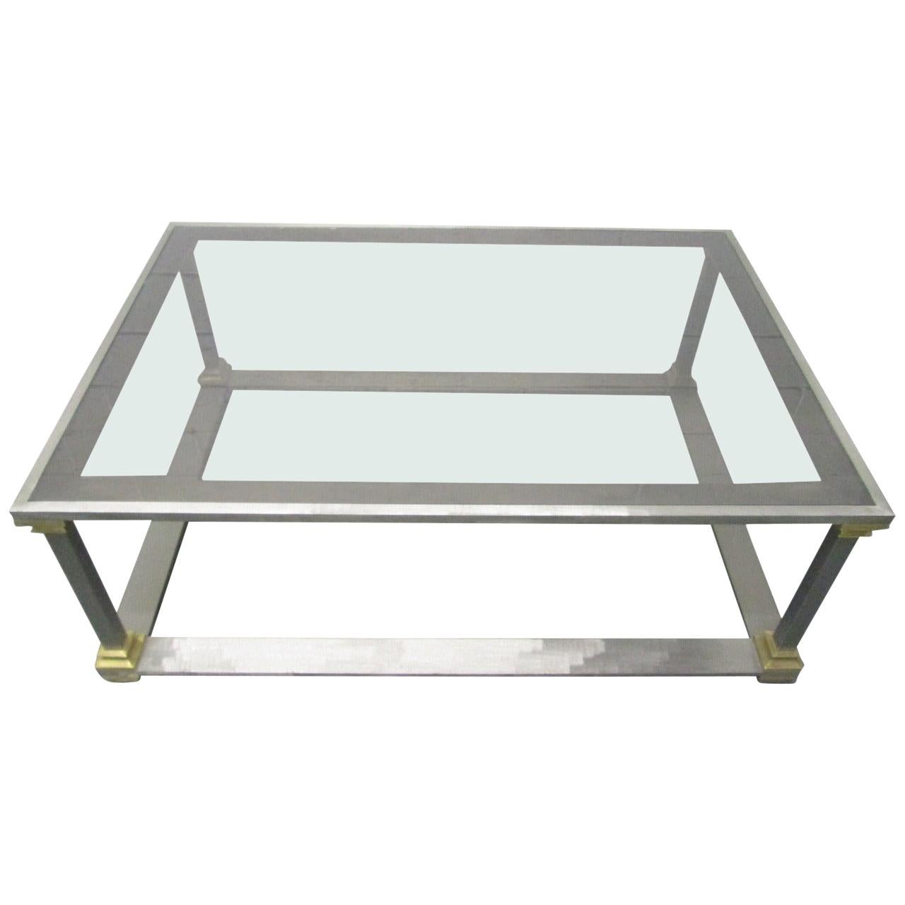 Brushed Steel and Brass Coffee Table For Sale