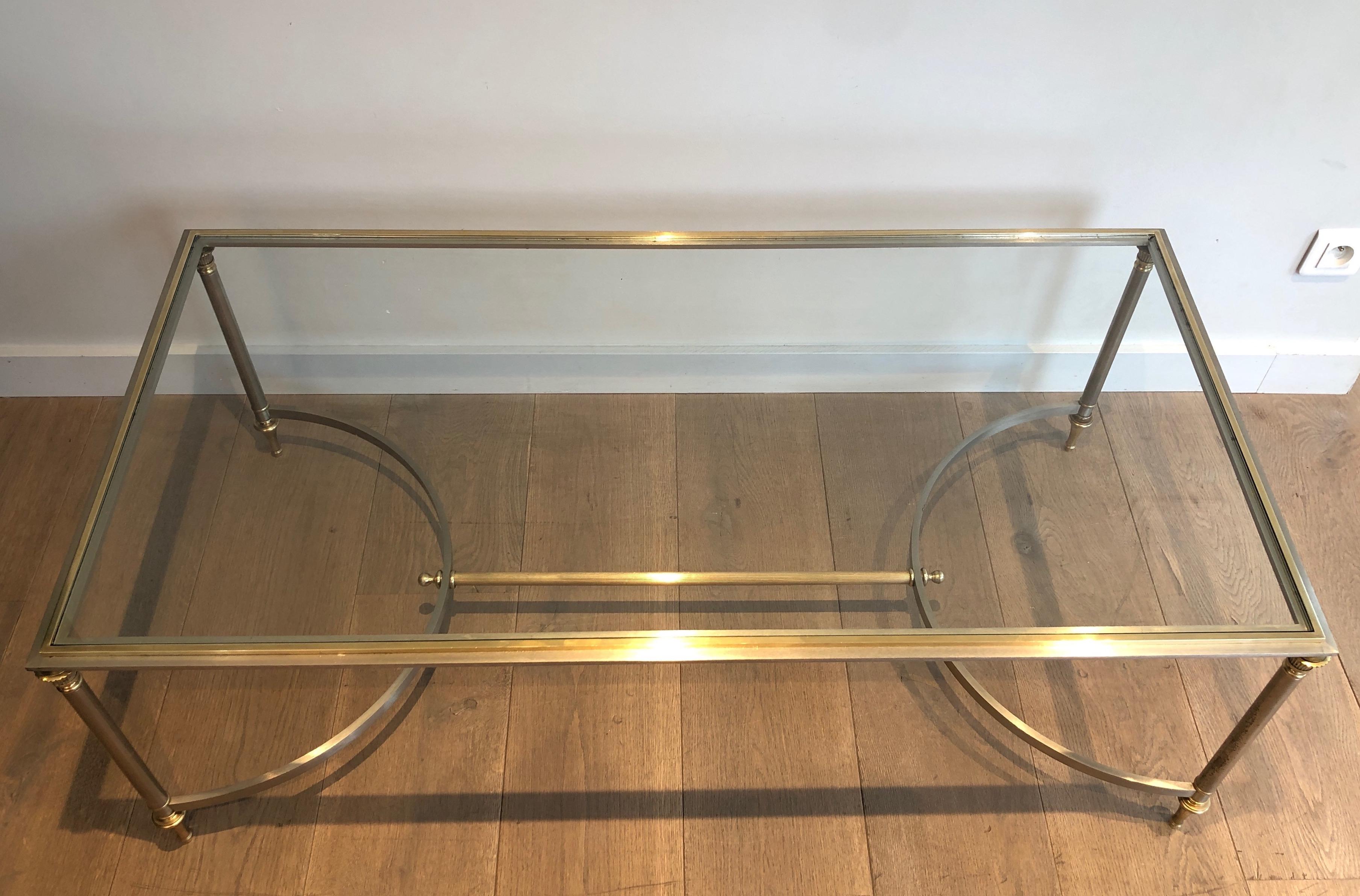 Neoclassical Brushed Steel and Brass Coffee Table. French Work by Maison Jansen, circa 1940
