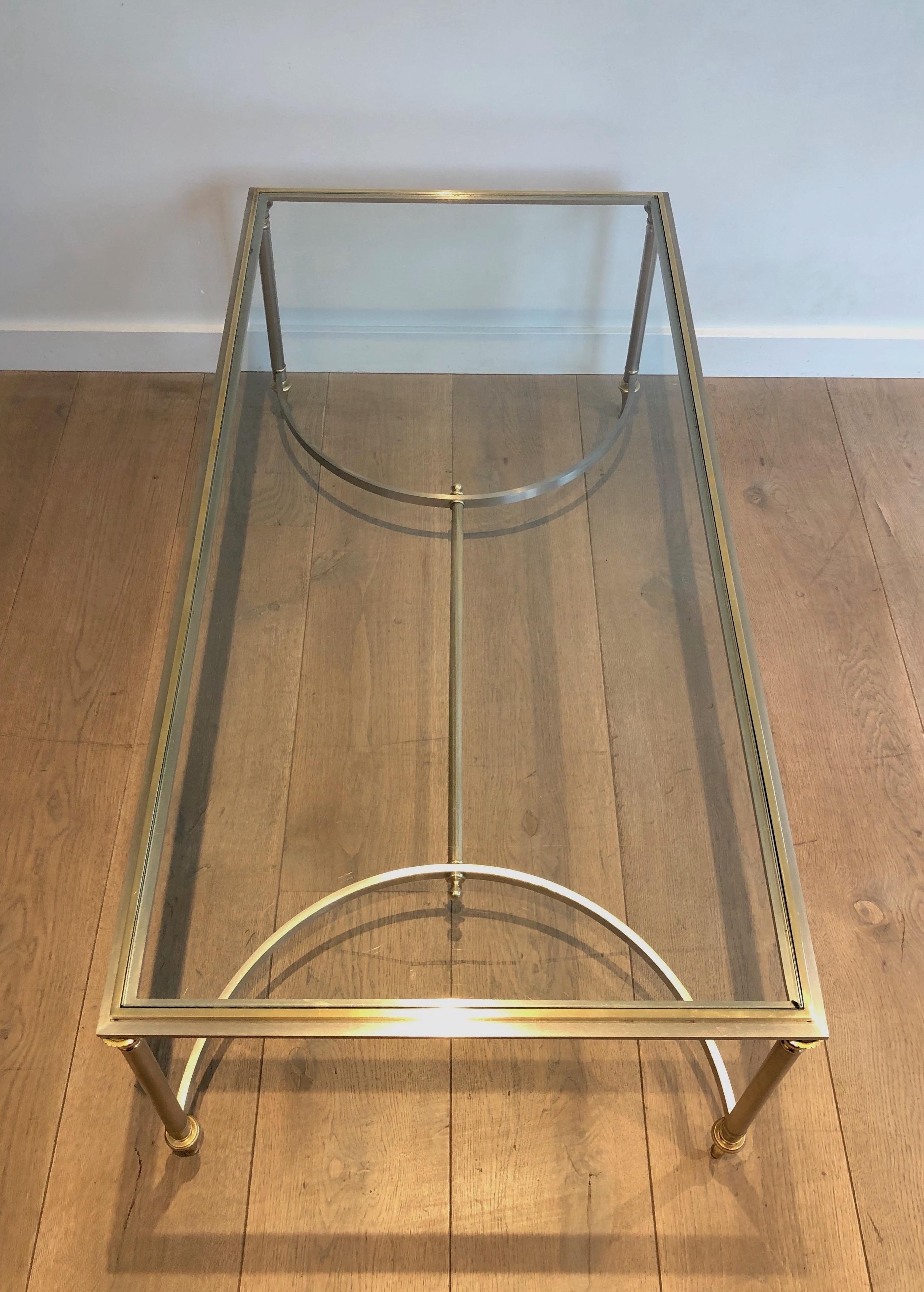 Brushed Steel and Brass Coffee Table. French Work by Maison Jansen, circa 1940 In Good Condition In Marcq-en-Barœul, Hauts-de-France
