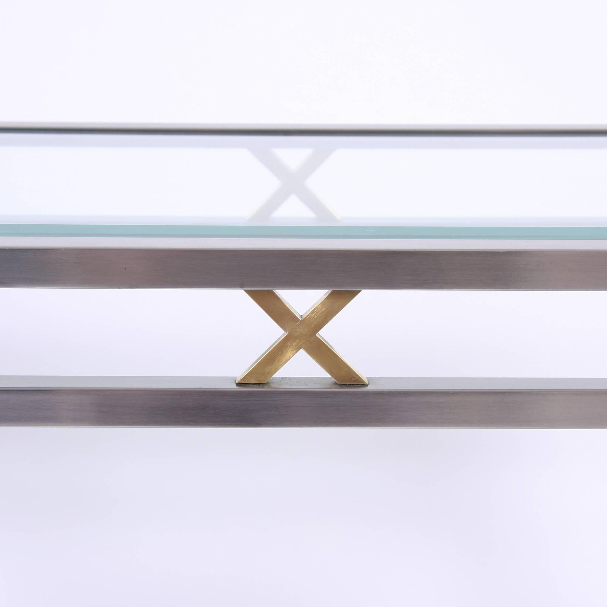 French Brushed Steel and Brass Console Table with Bevelled Glass Shelves For Sale