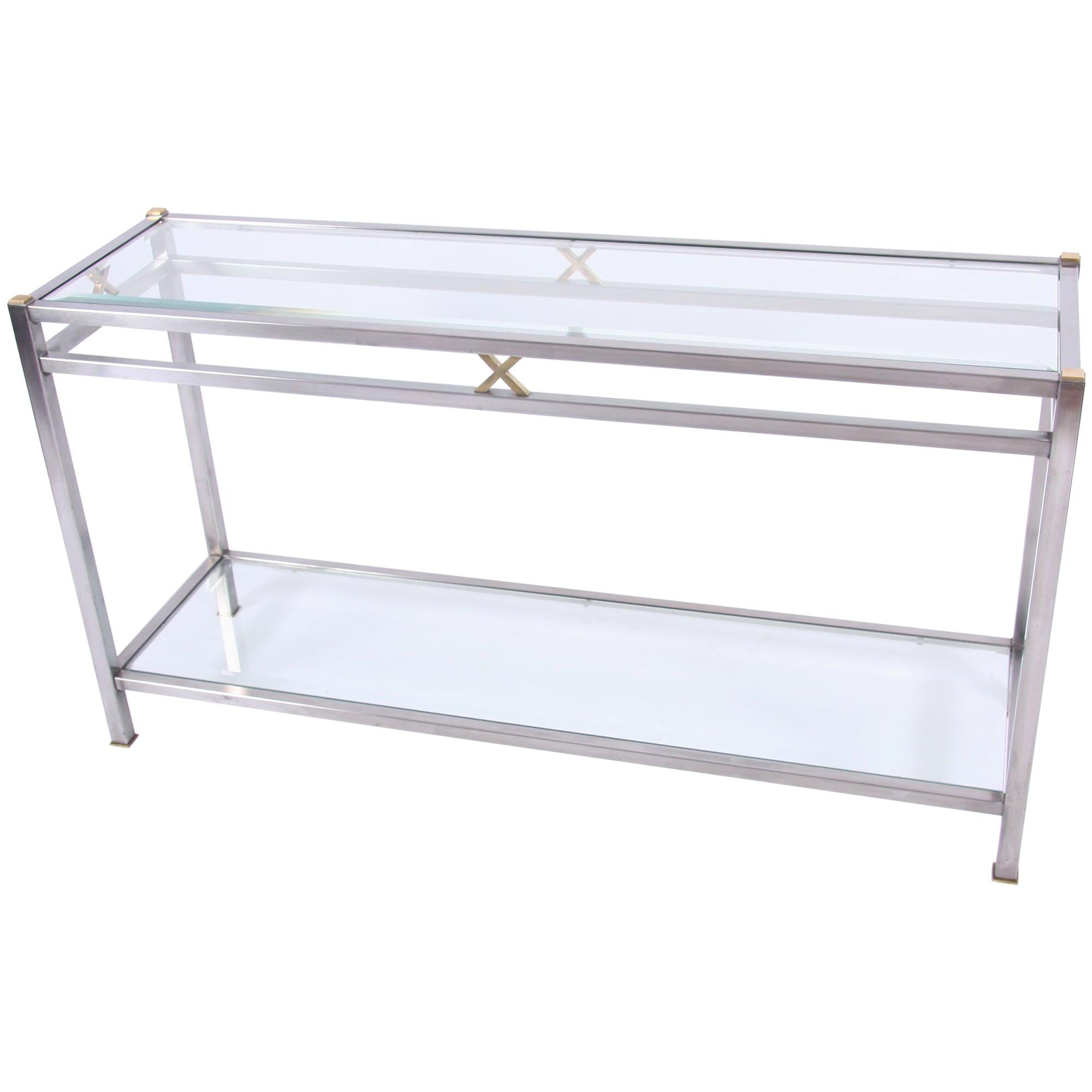 Brushed Steel and Brass Console Table with Bevelled Glass Shelves For Sale